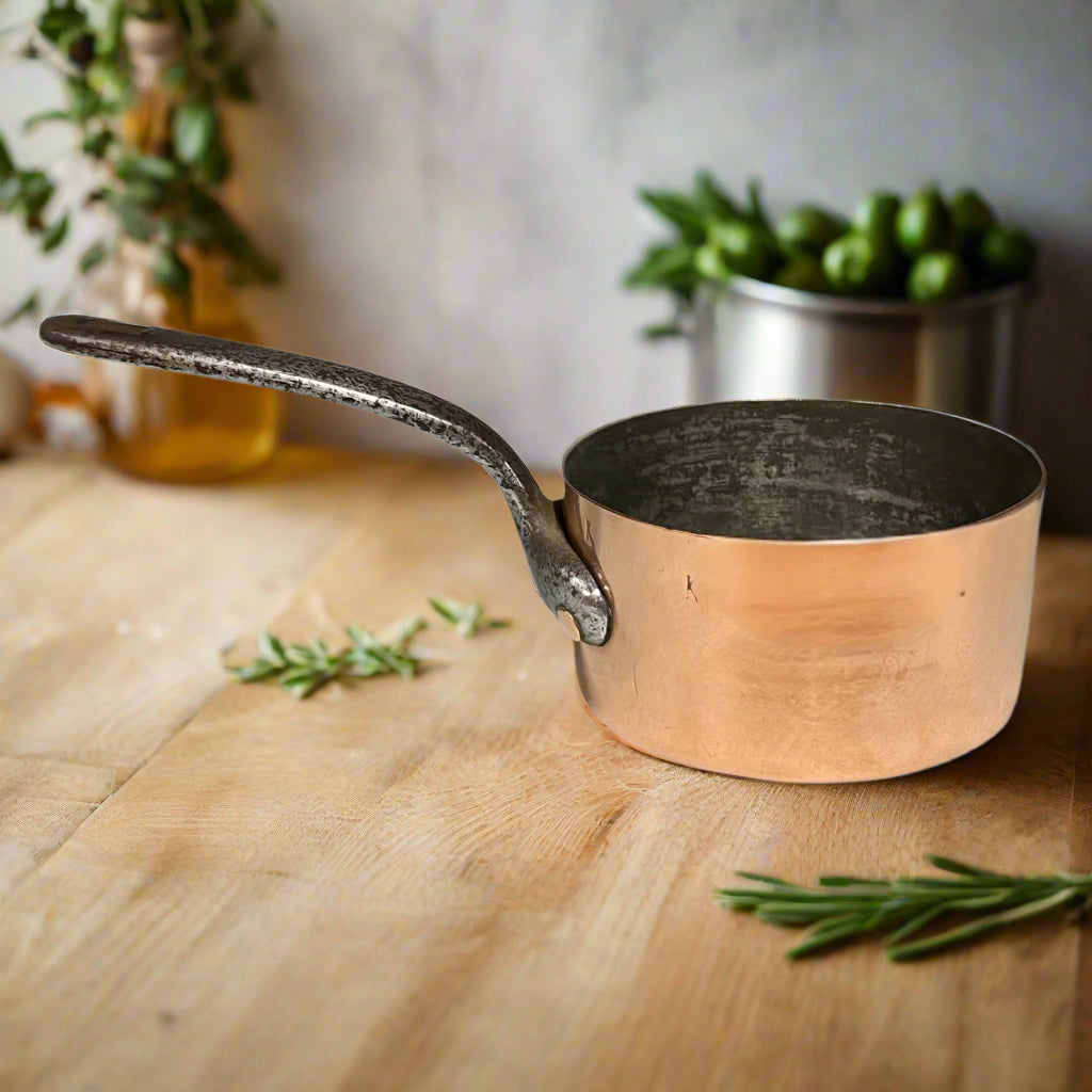 Small French Copper Pan, 12cm Vintage Pot ideal as a side dish pot with tin lining for sale from All Things French Store