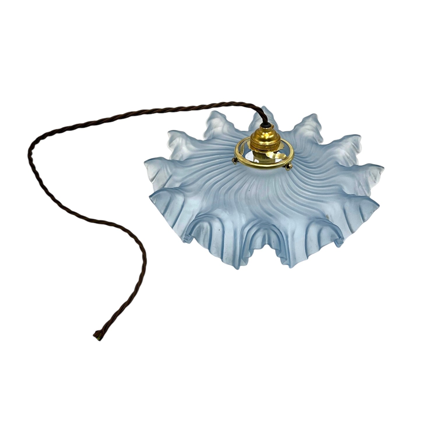 Vintage French Pendant Light, Blue Frosted Glass Hanging Lampshade