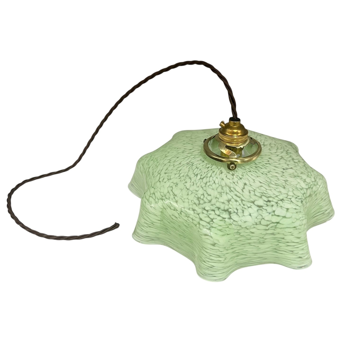 Vintage pendant light with textured green glass shade and brass fitting on a white background for sale rom All Things French Store