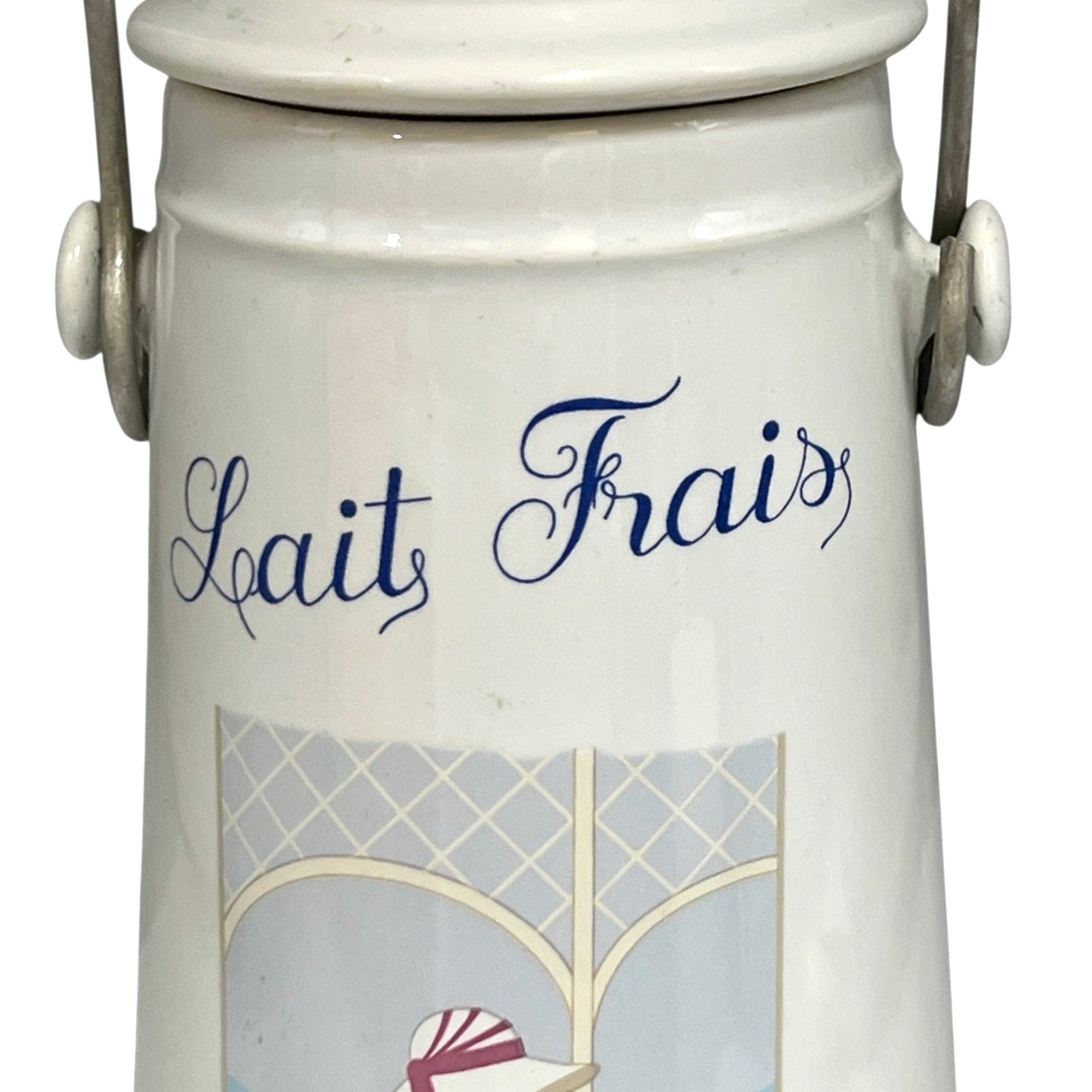 White ceramic milk churn with 'Lait Frais' text and design on a white background