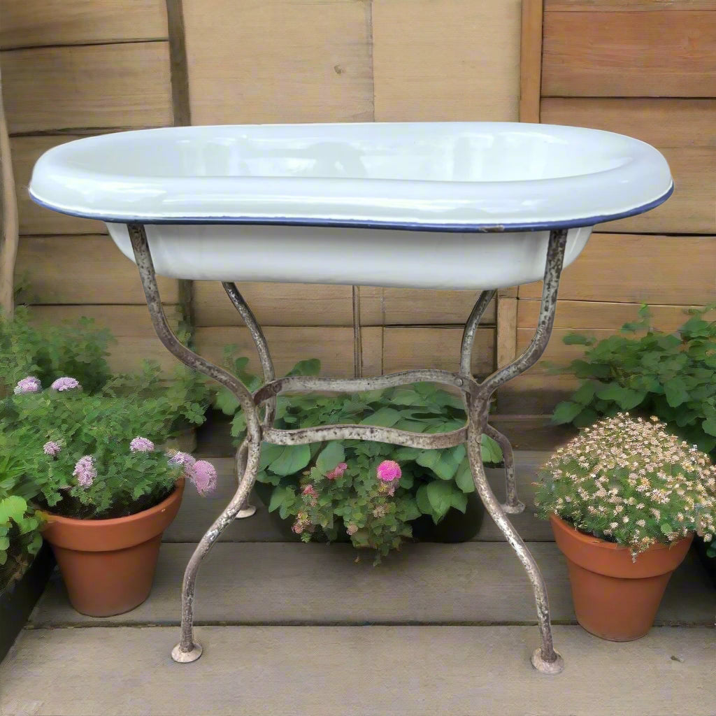 French Vintage Enamel Bathroom Storage, Planter, Ice Bucket, Dolls Bath on a solid metal stand for sale from All Things French Store