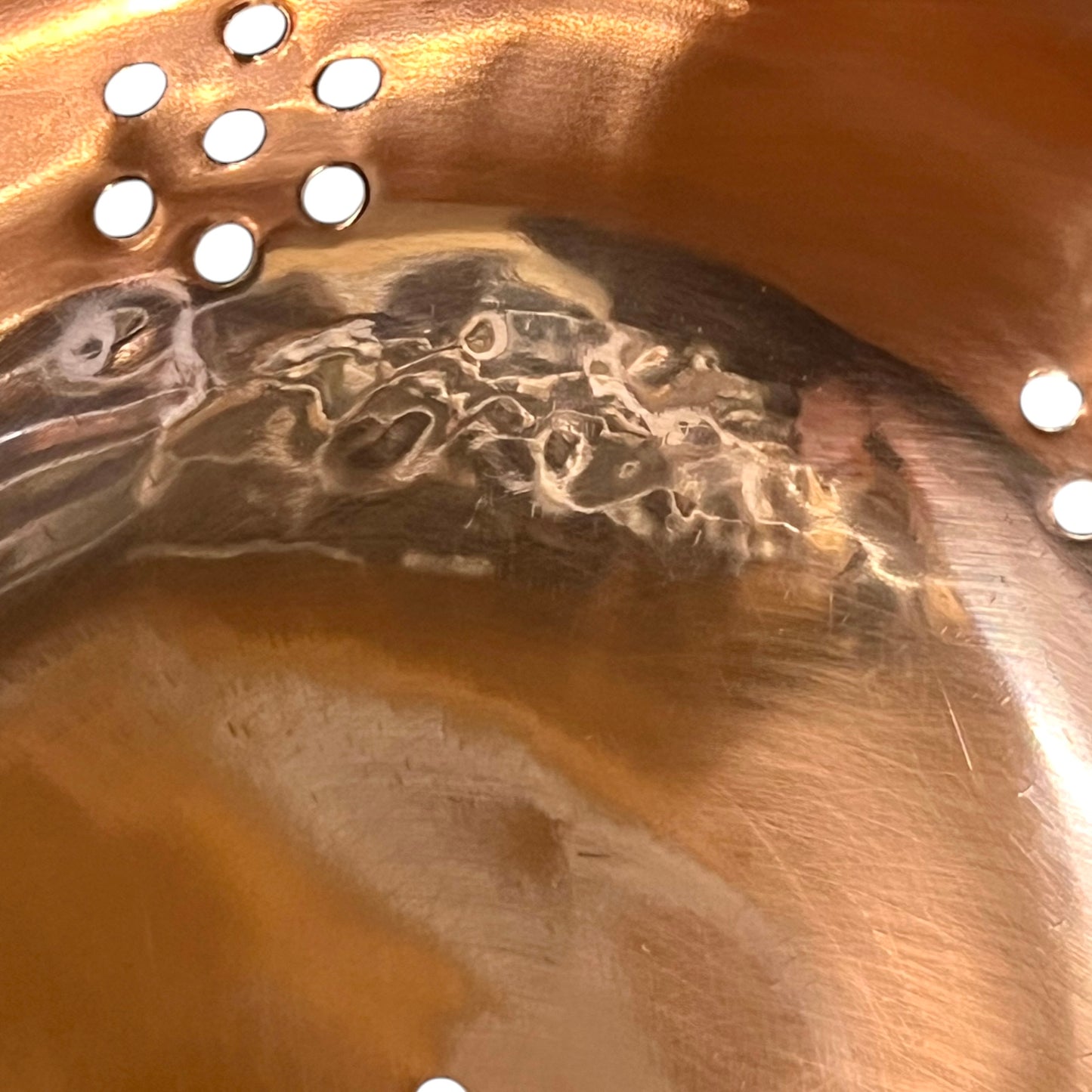 close up view of French Copper Sieve with Brass Handles