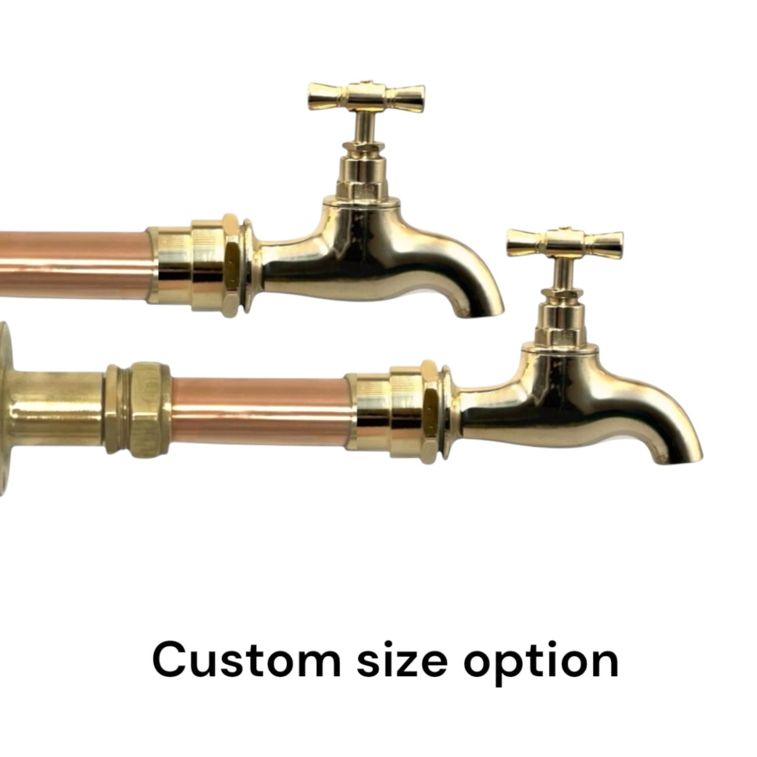 A pair of wall mounted copper and brass kitchen taps with visible pipework, labeled as 'Custom size option'.