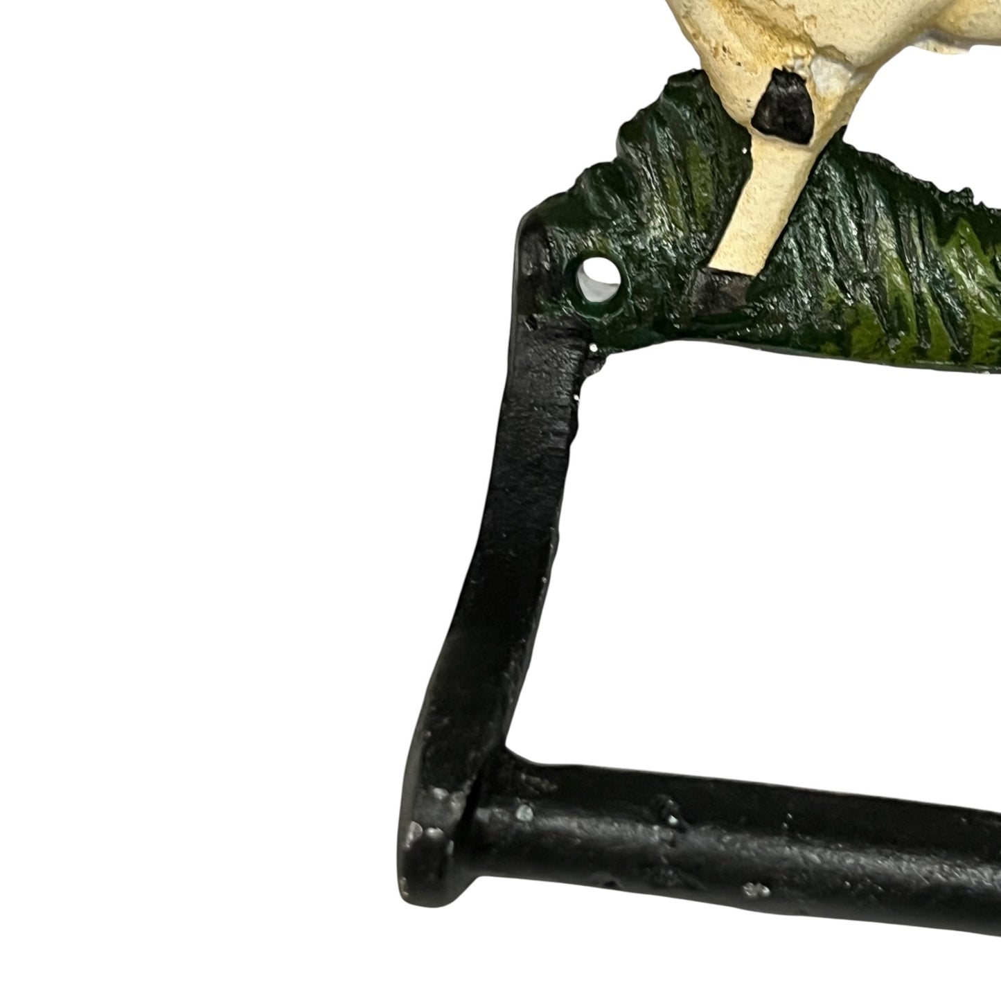 Close up of white horse toilet paper holder against a white background