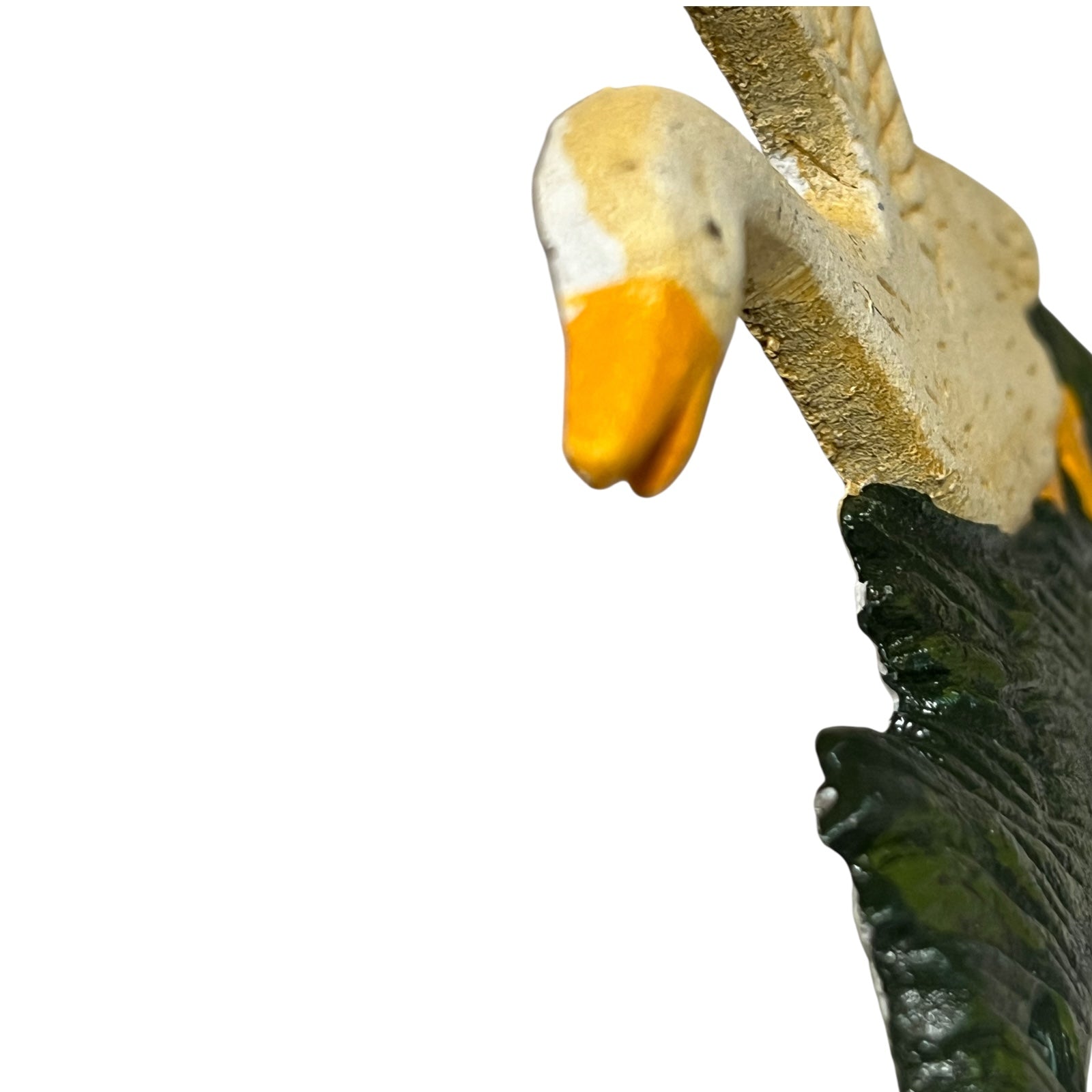 close up of goose toilet paper holder on a white background