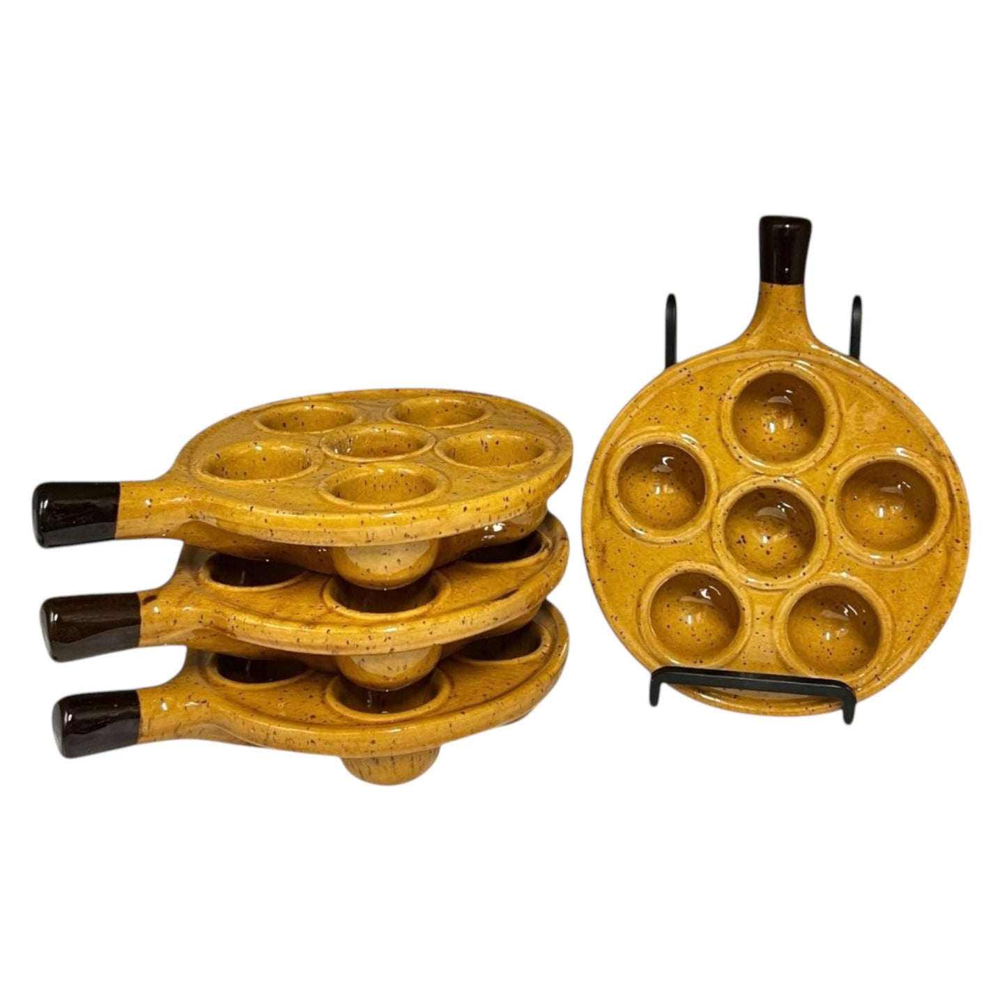 Set of 4 pale brown French Rustic Ceramic Escargot Dishes, Vintage Snail Pots Plates on a white background