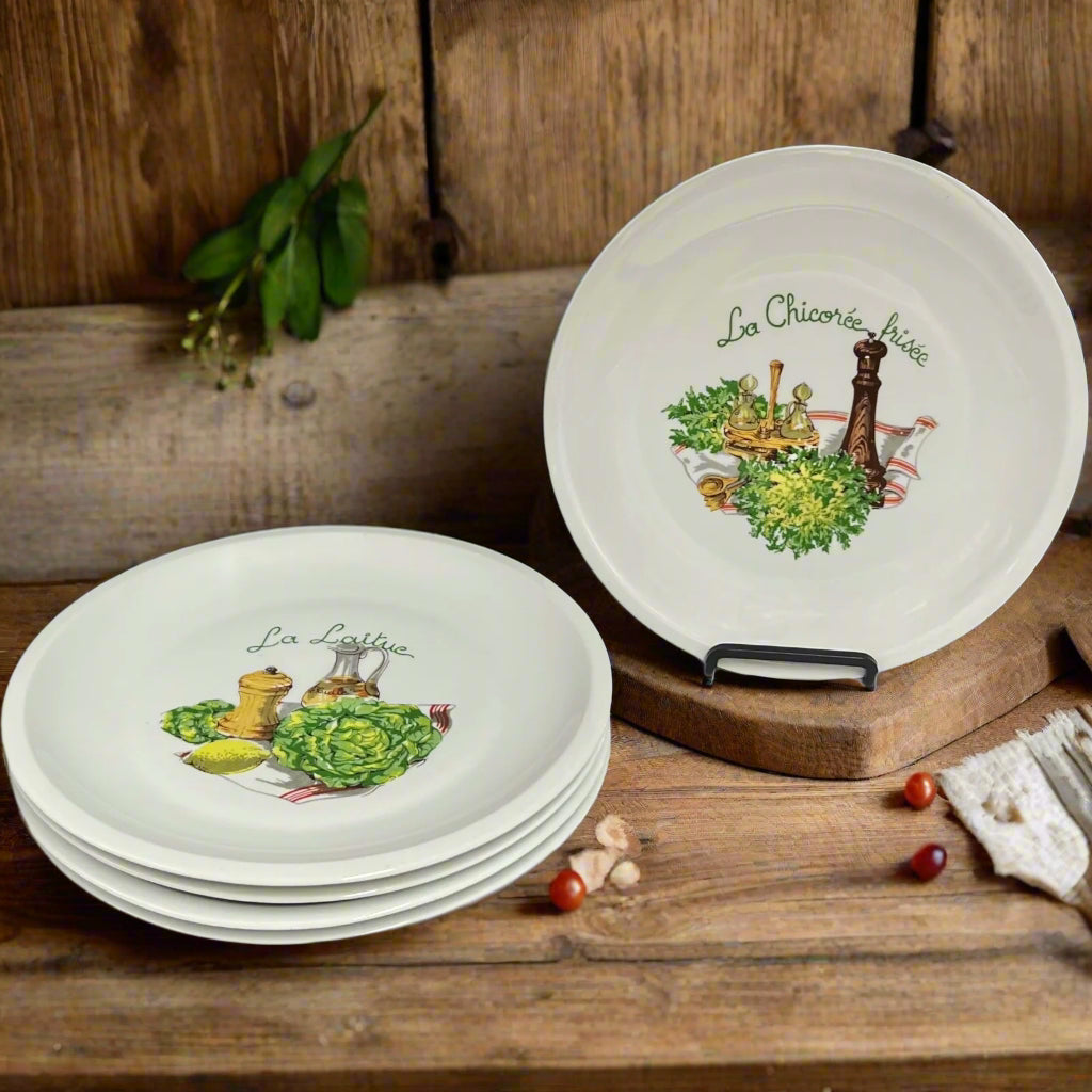 5 French Salad Plates each with a different lettuce picture and French writing