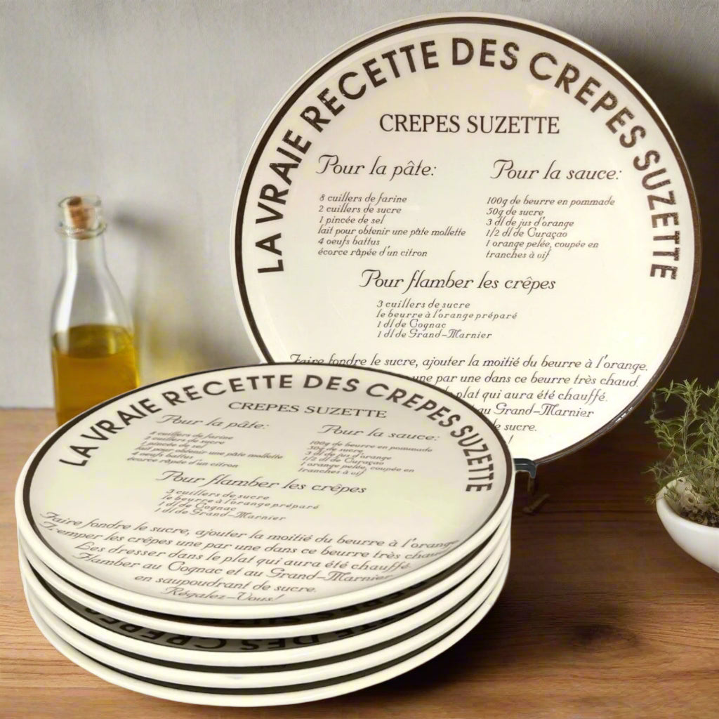 Crepe Suzette Plate Set, French Crepe Recipe Plates, 6 Set, Large 26cm