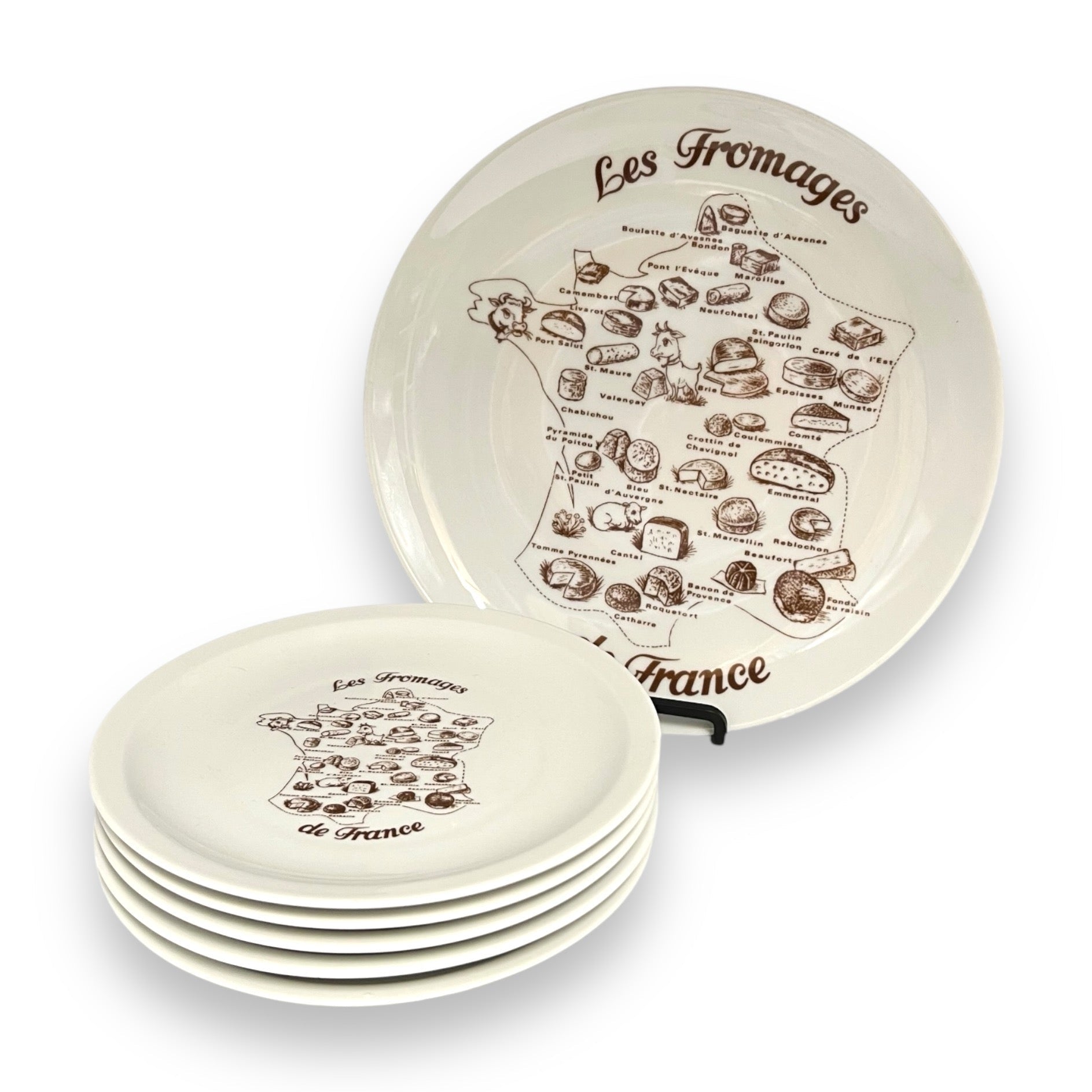 5 Cheese Plates & Cheese Platter, Porcelain Tableware, Les Fromages Set