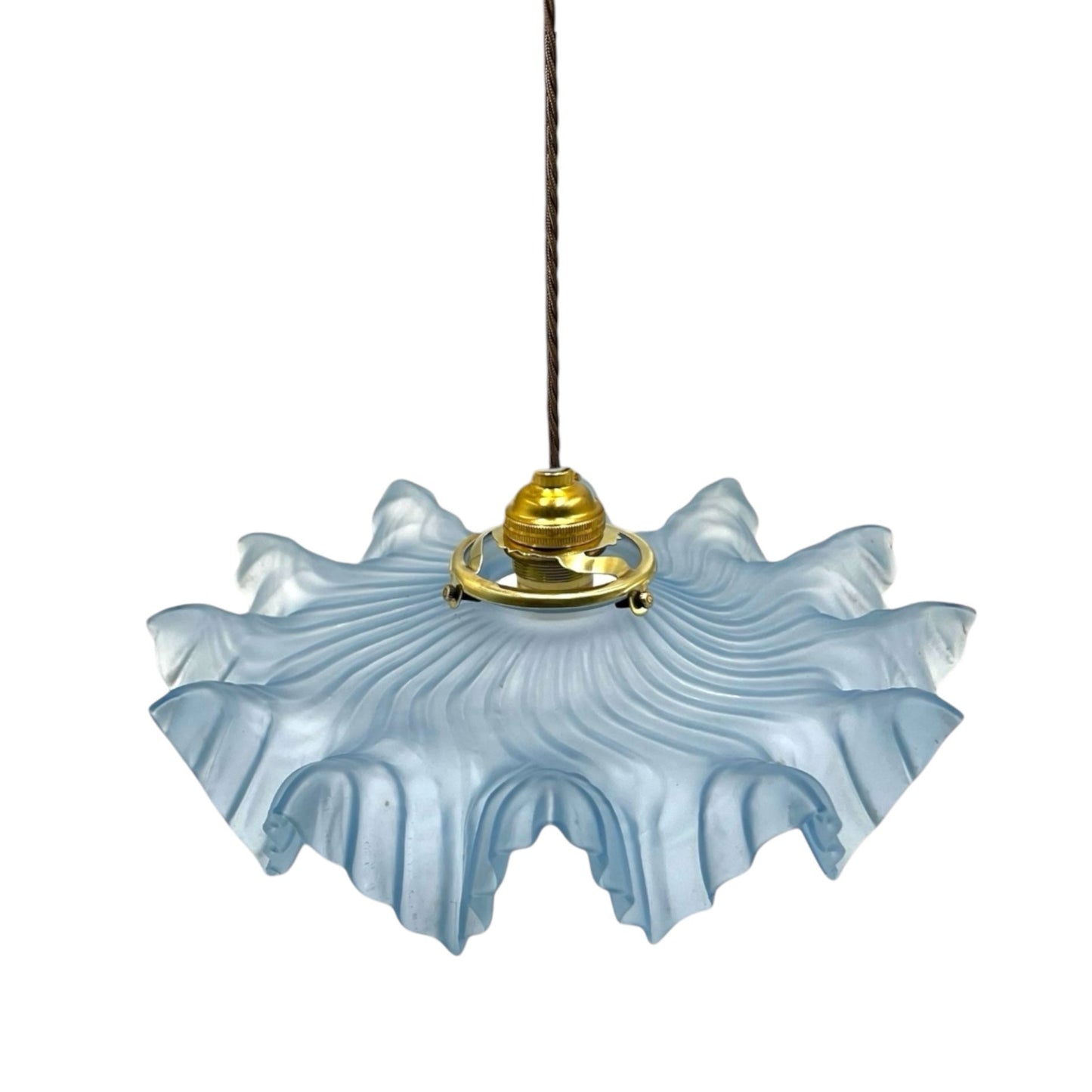 Vintage French Pendant Light, Blue Frosted Glass Hanging Lampshade