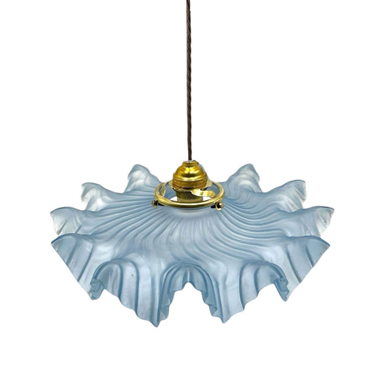 Vintage French Pendant Light, Blue Frosted Glass Hanging Lampshade