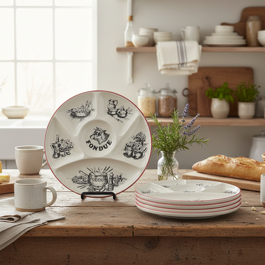 Dishes with black and white designs on a wooden table in a kitchen setting.