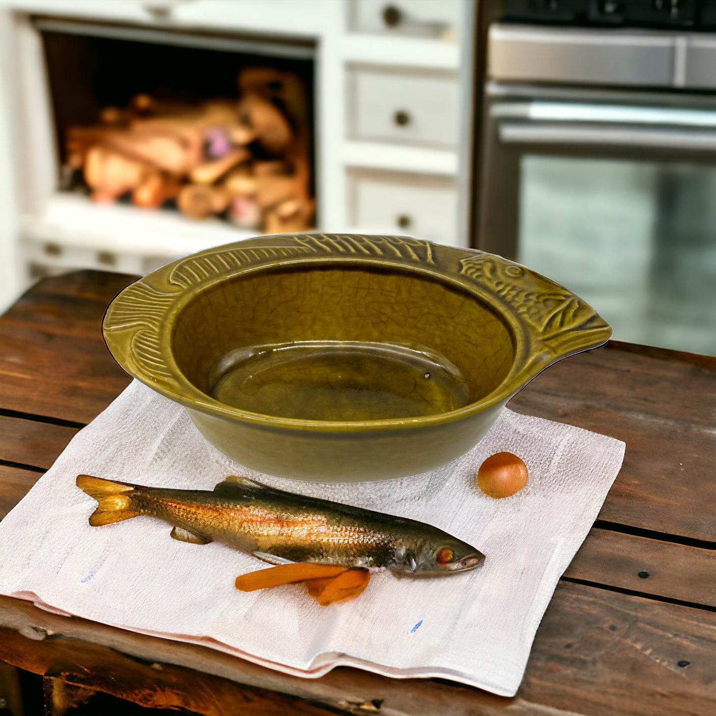 image French green ceramic fish shaped dish