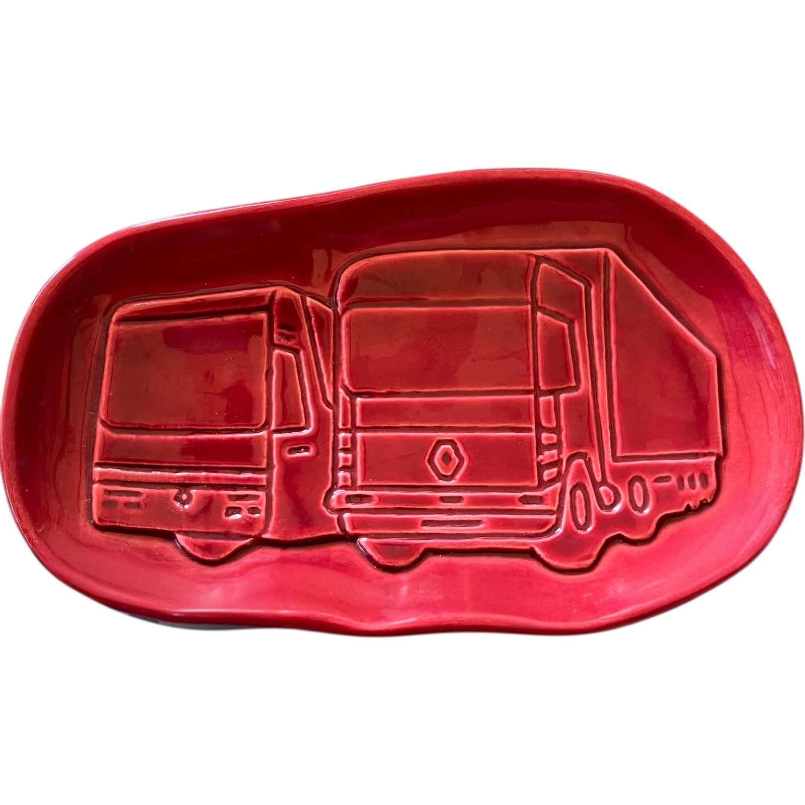 Renault Truck Collectible Trinket Tray, dark red oval shaped with a truck design on the front for sale from All Things French Store