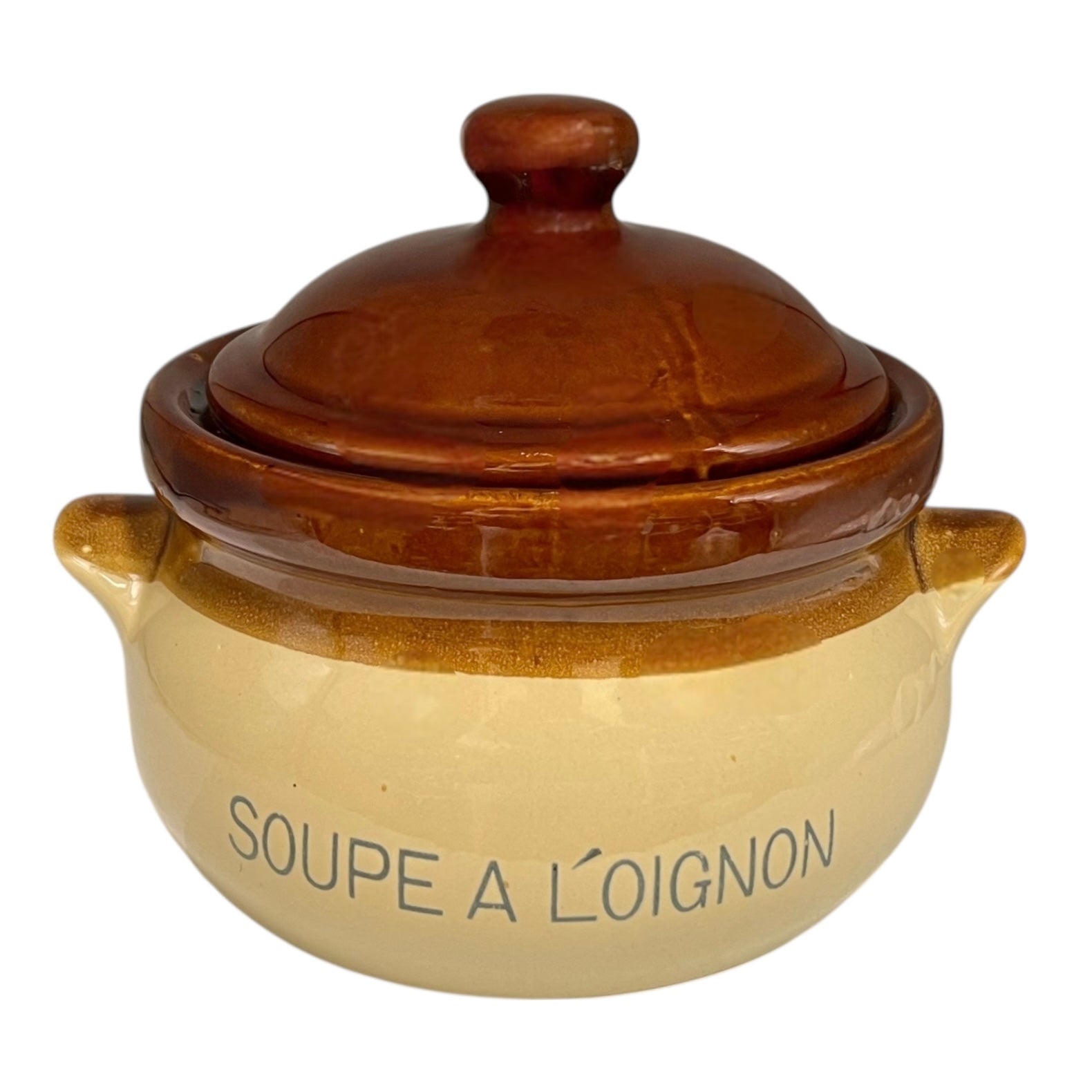 Ceramic pot with lid labelled 'Soupe a l'Oignon' on a white background for sale from All Things French Store