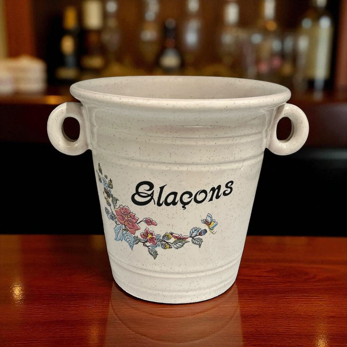Ceramic ice cube bucket with floral design and 'Glaçons' text