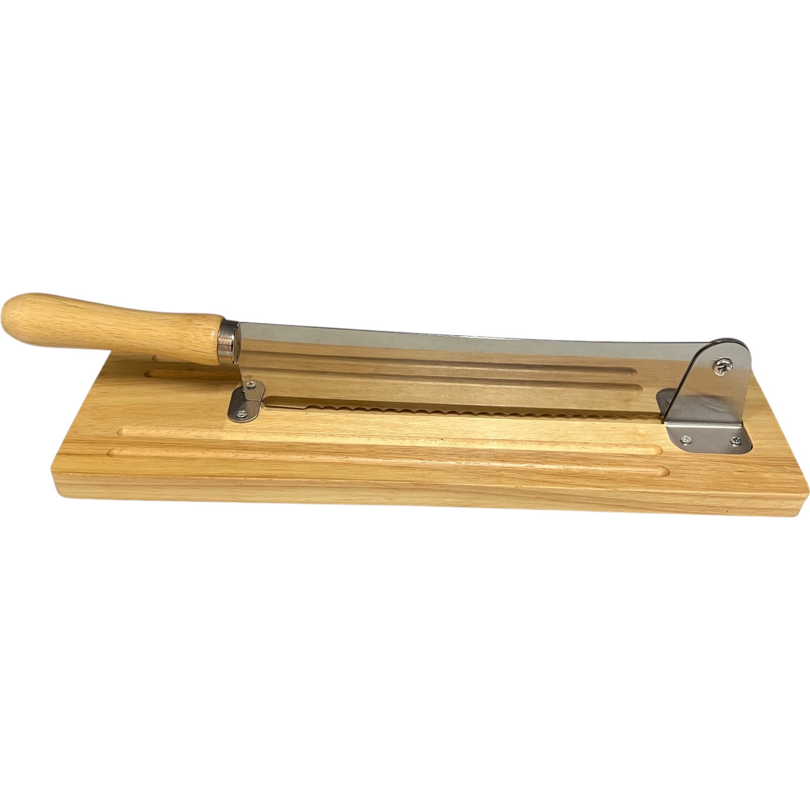 Wooden baguette chopper with metal blades on a white background