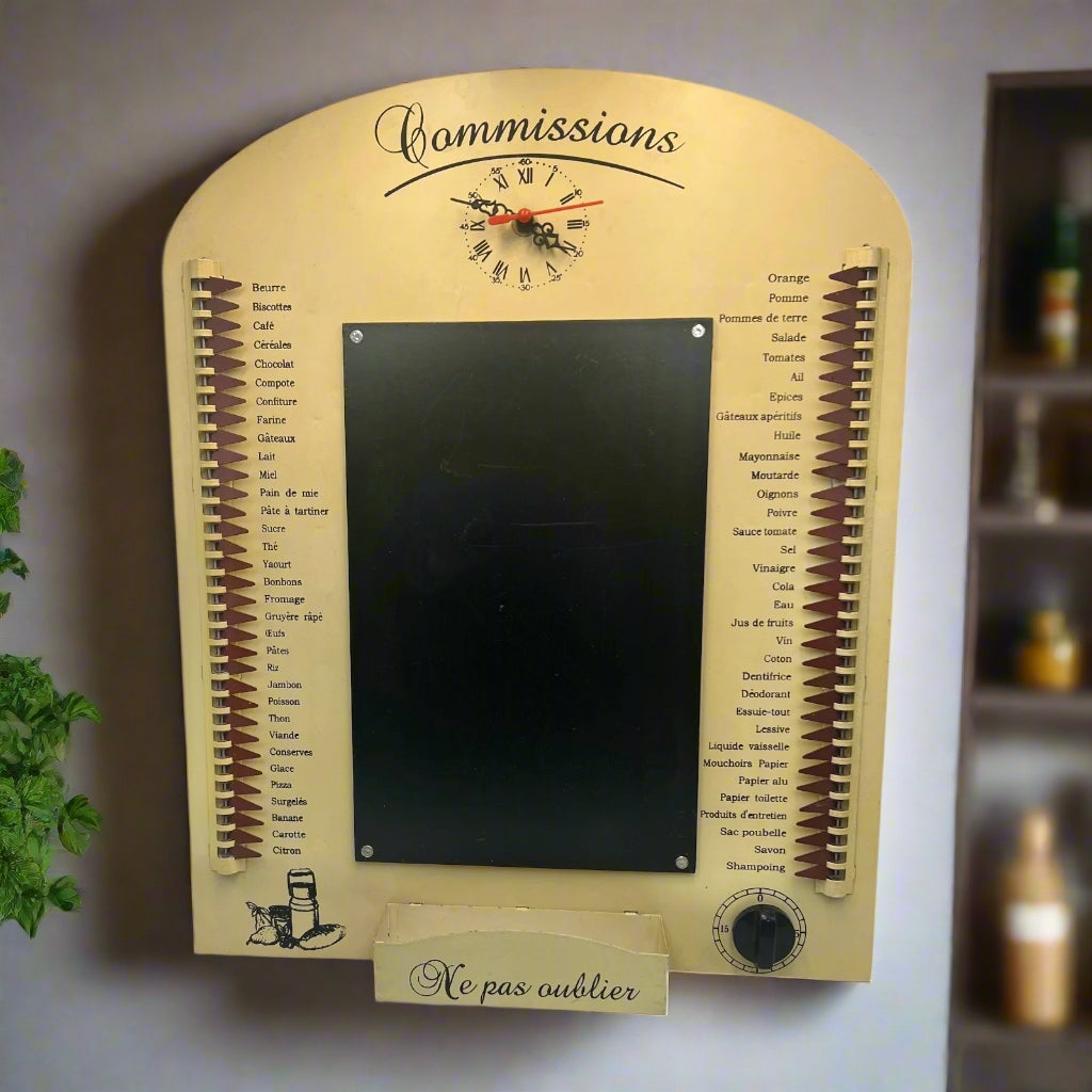 French Shopping List Reminder Board, Kitchen Timer & Clock, Wall Hanging for sale from All Things French Store