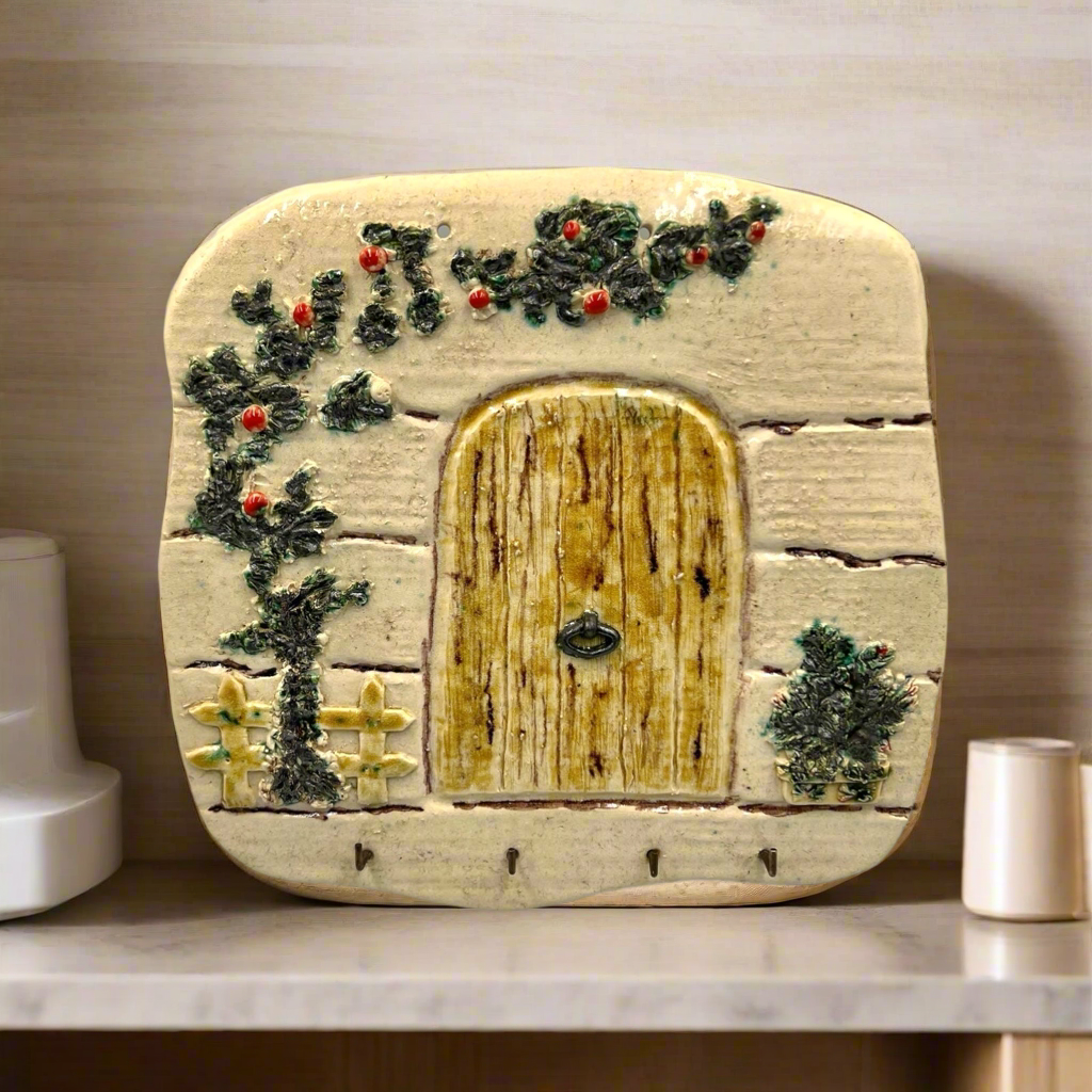 Ceramic Handmade Wall Plaque with Key Hooks, Rustic Decorative Garden Wall Plaque