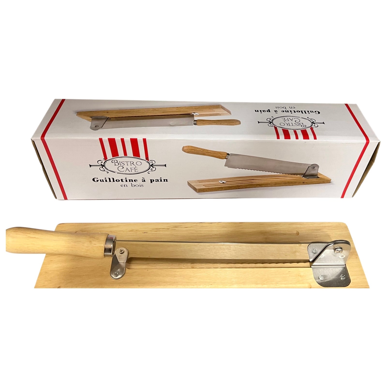 Wooden bread cutter with packaging on a white background
