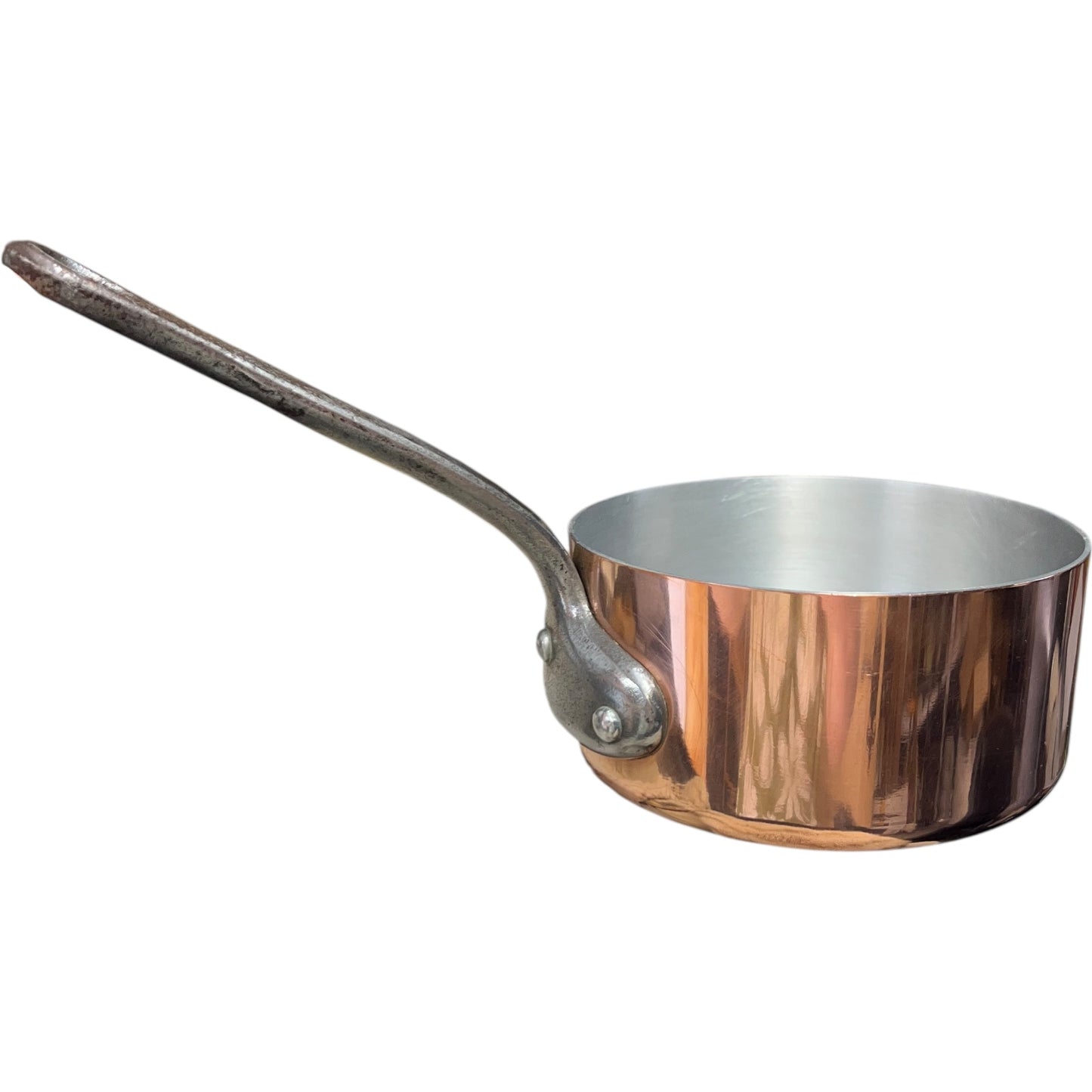 Small 12cm French Copper Pan, Aluminium Lined, cast iron handle with makers stamp for sale from All Things French Store