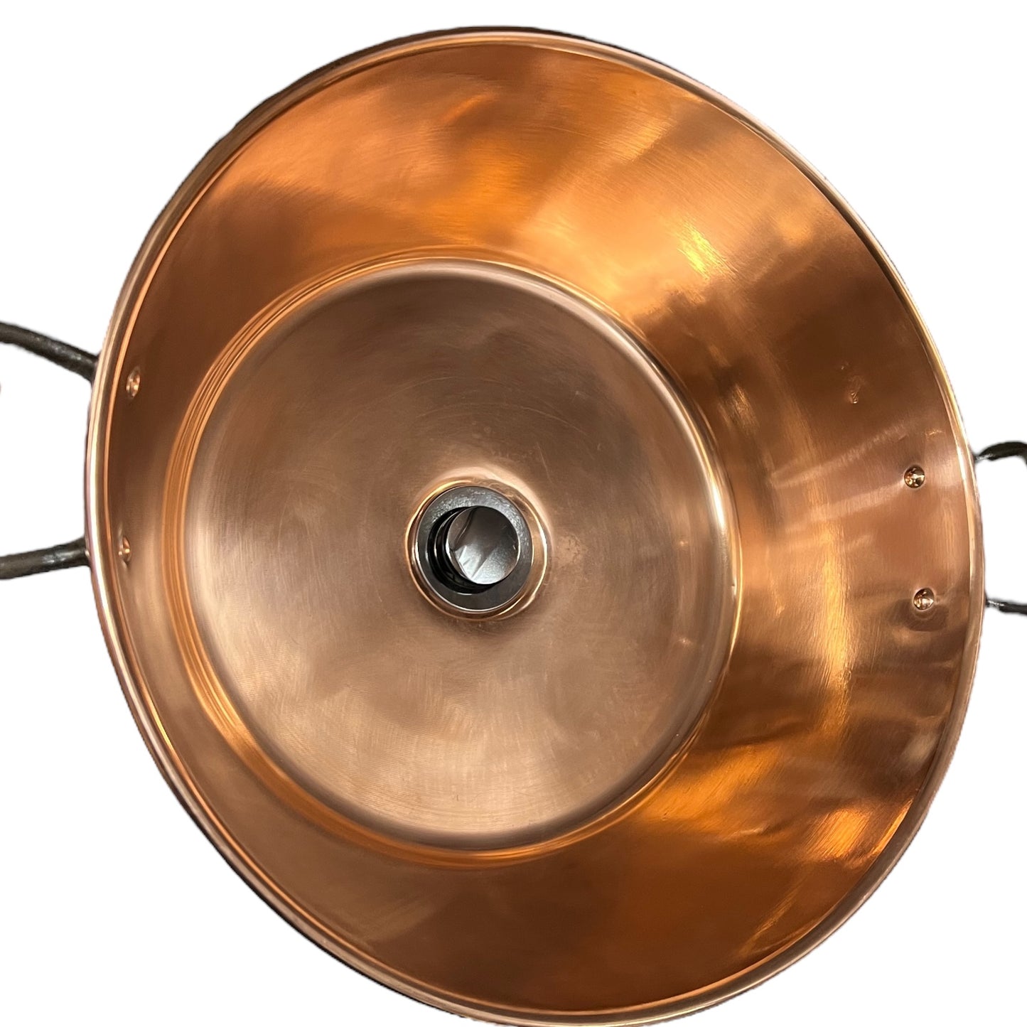 French copper bowl upcycled into a copper sink with iron handles and a chrome pop up waste on a white background