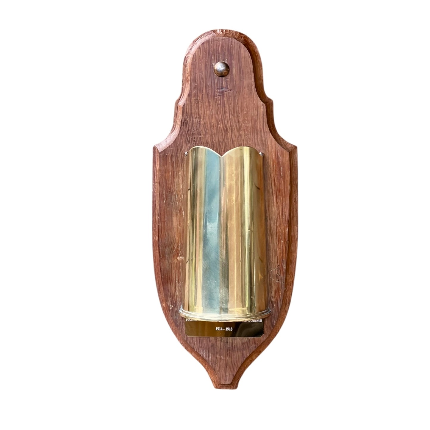 British WWI Trench Art Brass Vase, Mounted 18 Pounder Shell Case and Plaque on a white background