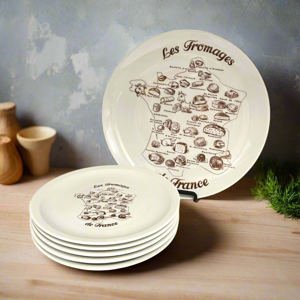 5 Cheese Plates & Cheese Platter, Porcelain Tableware, Les Fromages Set for sale by All Things French Store