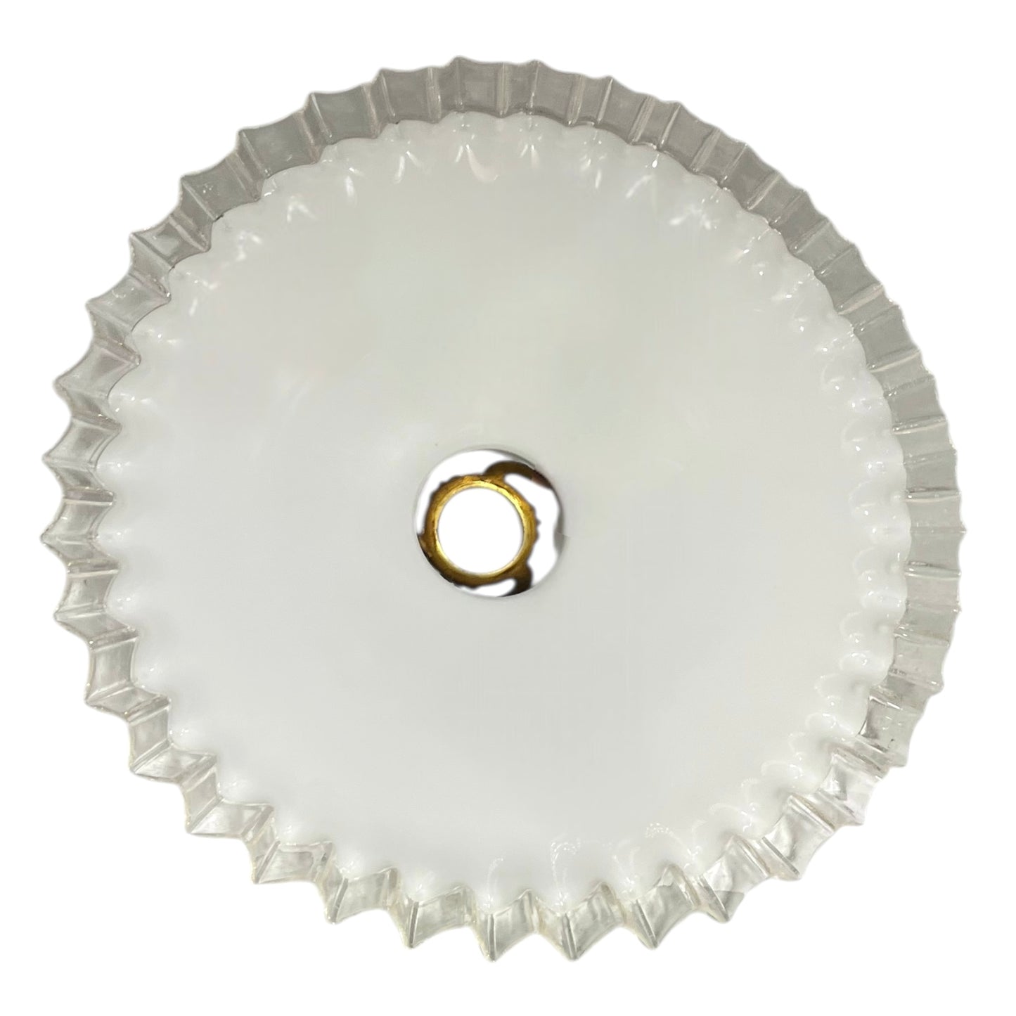 Round white light fixture with decorative edge on a white background