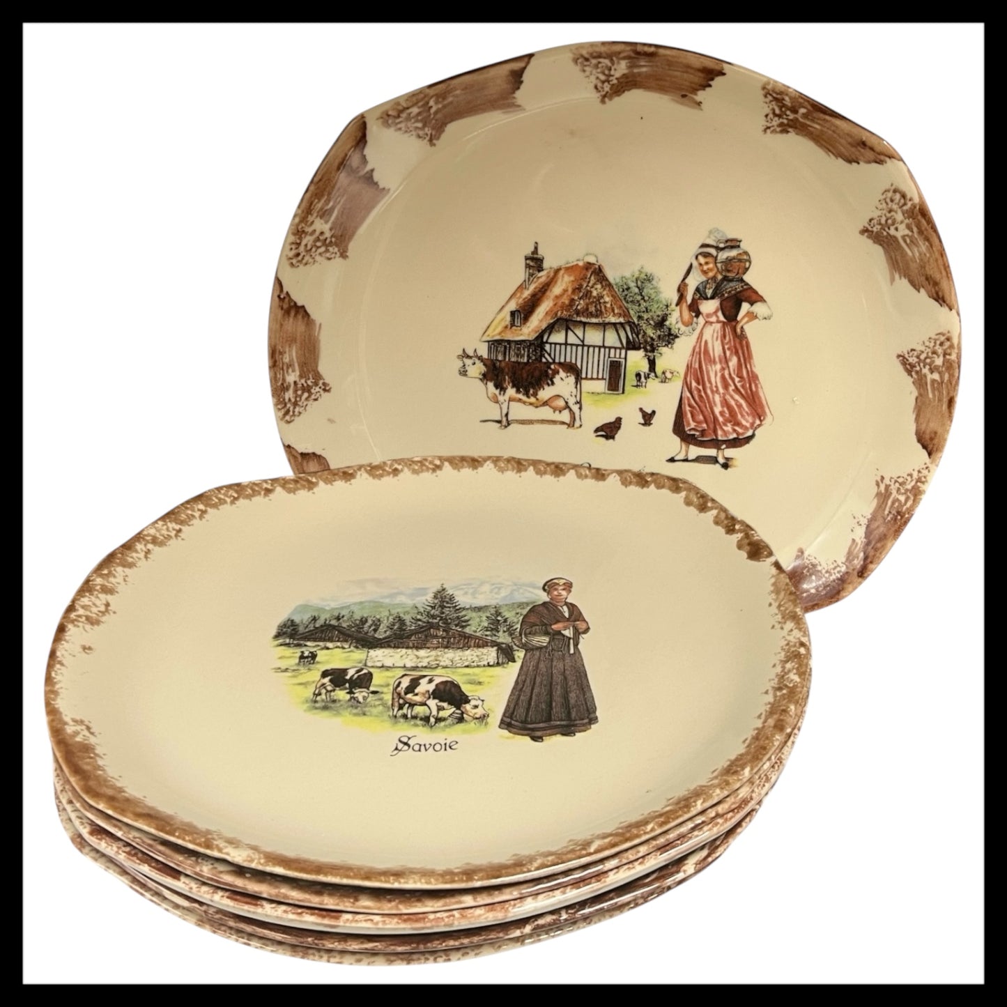 Vintage French Dinner Plates, 6 Artisan Made Regional Collectable Plates