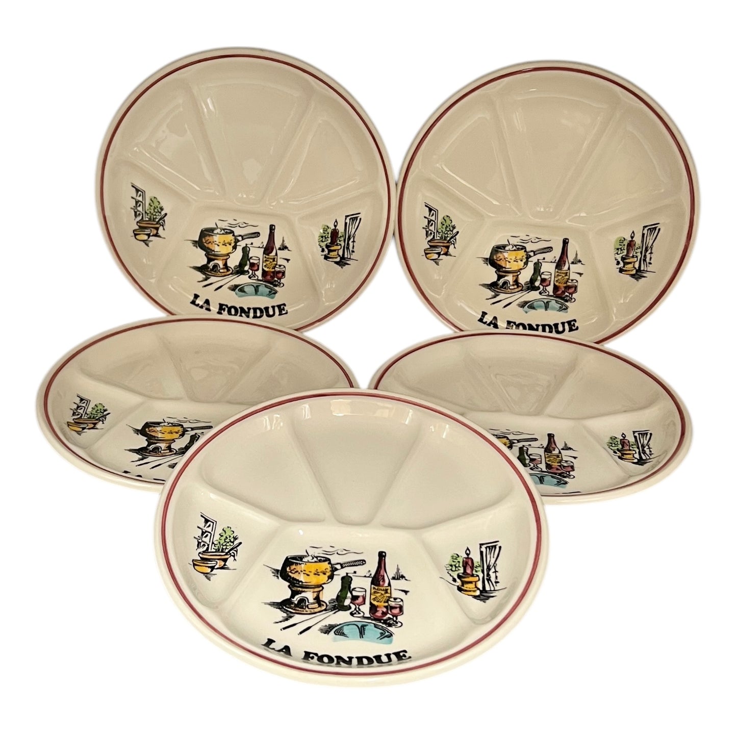 French Vintage Fondue Plates or BBQ Plates, Gien Sectioned Dinner Plates