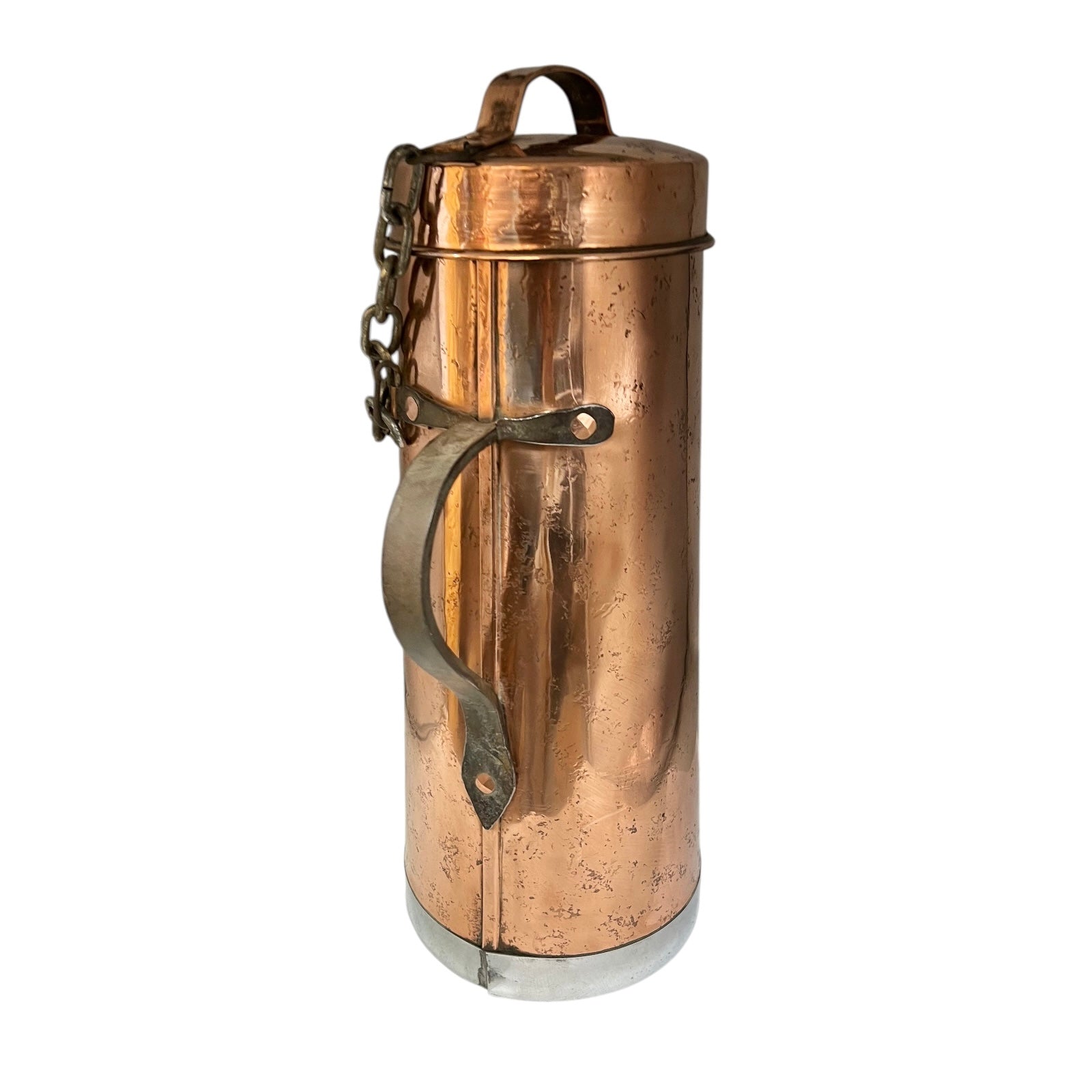 Vintage French copper milk churn with iron handles and copper lid on a white background
