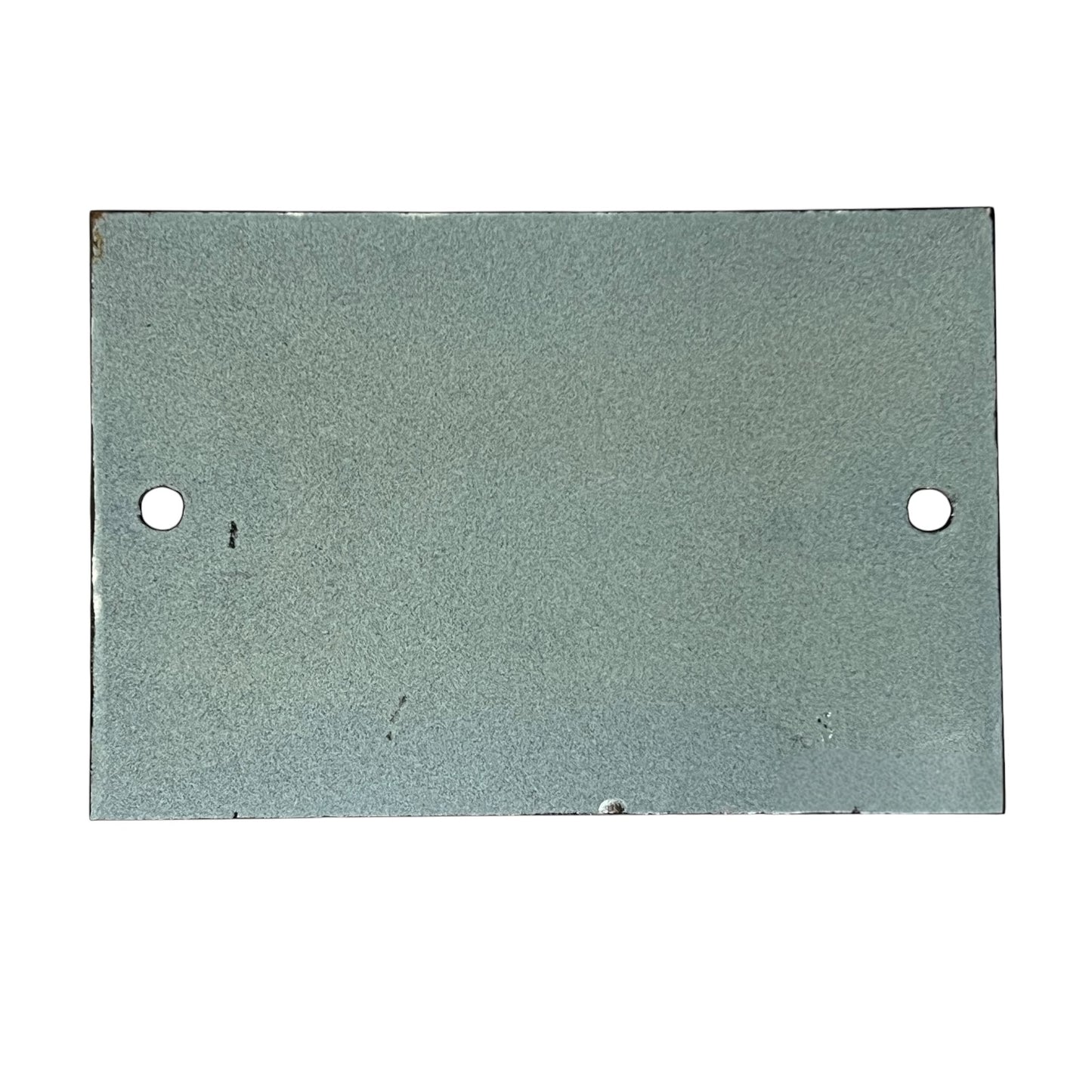 A rectangular metal mounting plate with two pre-drilled holes, one on each side, finished in a textured matte gray-green color.