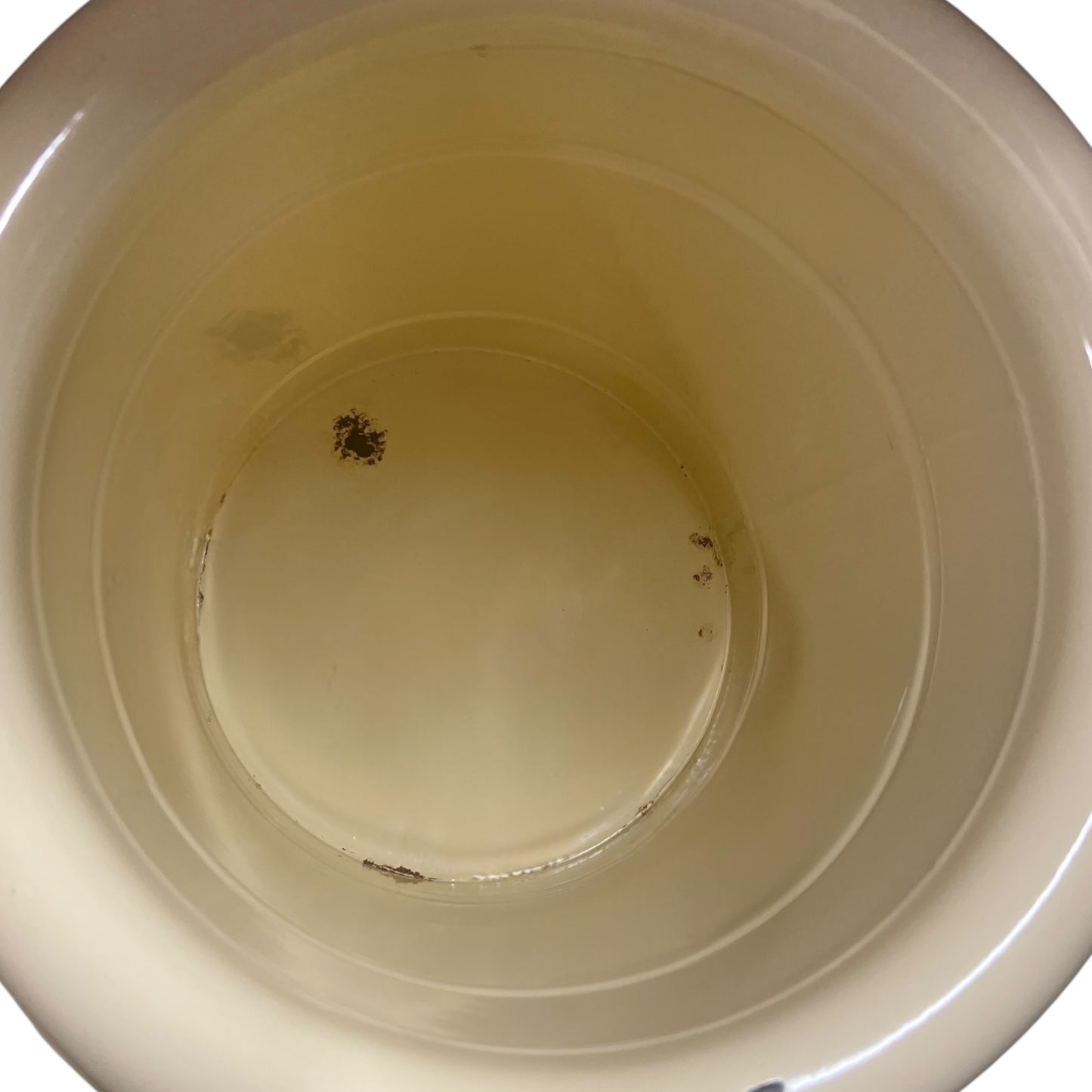 Close up of French vintage cream and green enamel bucket with a lid and handle on a white background