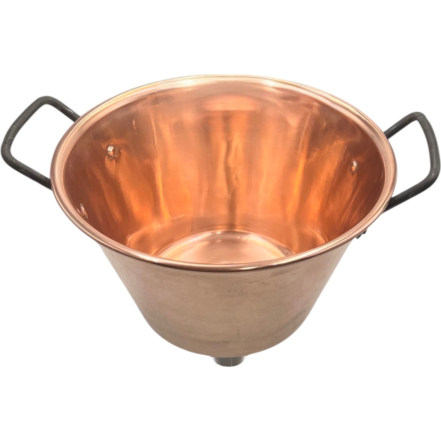 Copper upcycled basin sink or washbowl with a chrome waste and black handles on a white background