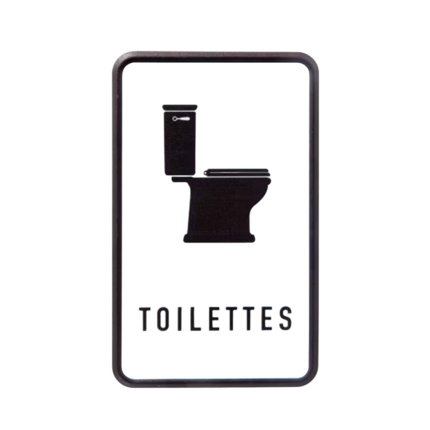 Black and white metal sign with a toilet icon and 'TOILETTES' text on a white background