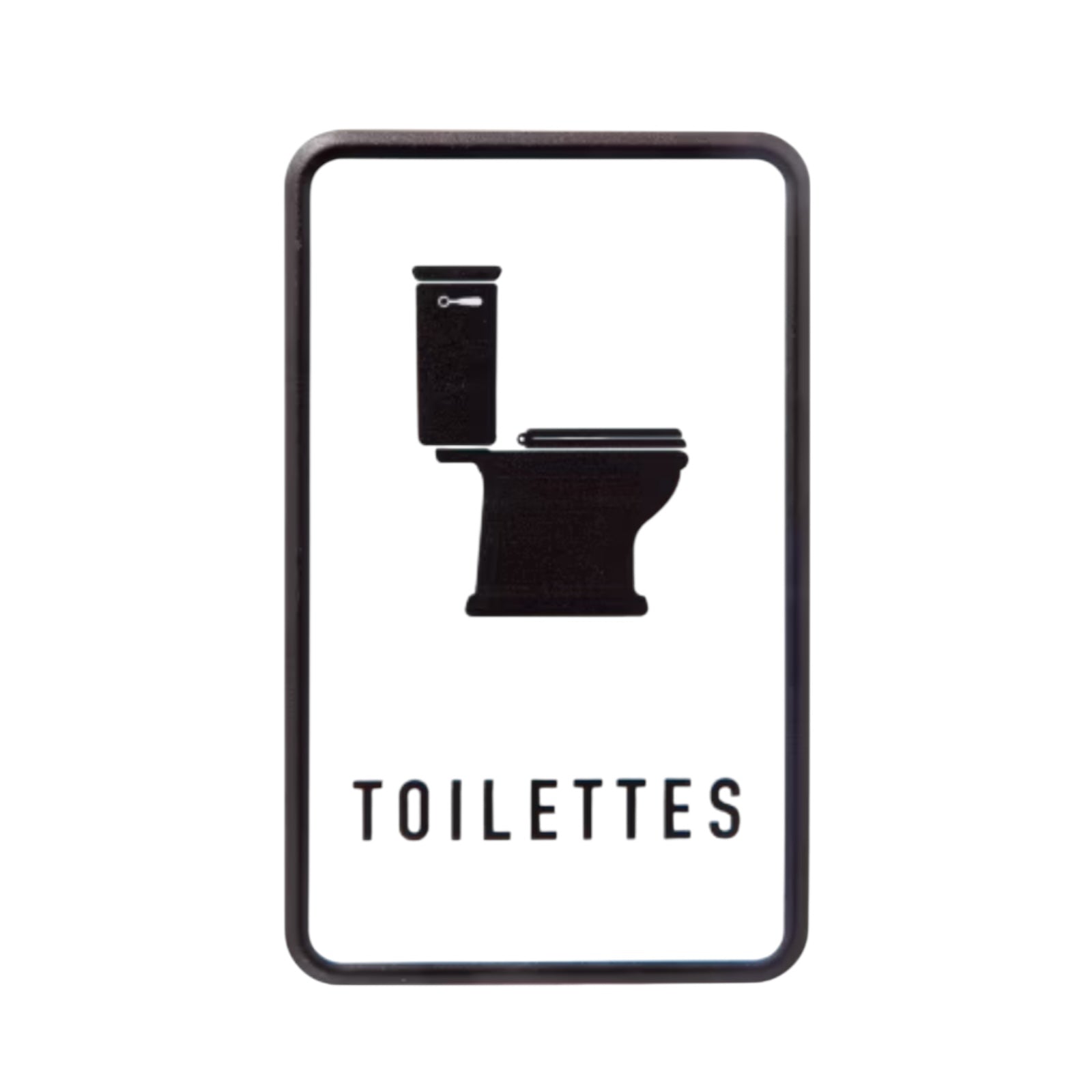 Black and white metal sign with a toilet icon and 'TOILETTES' text on a white background