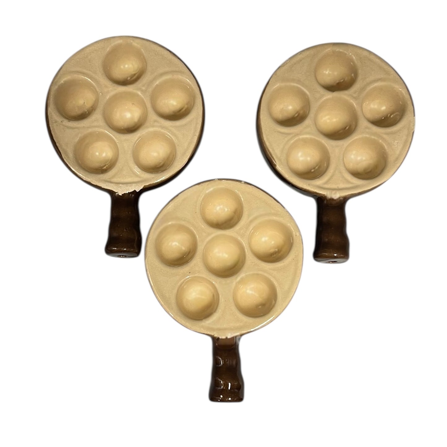 3 French Rustic Emile Henry Escargot Dishes, Vintage Snail Plates in brown and beige for sale