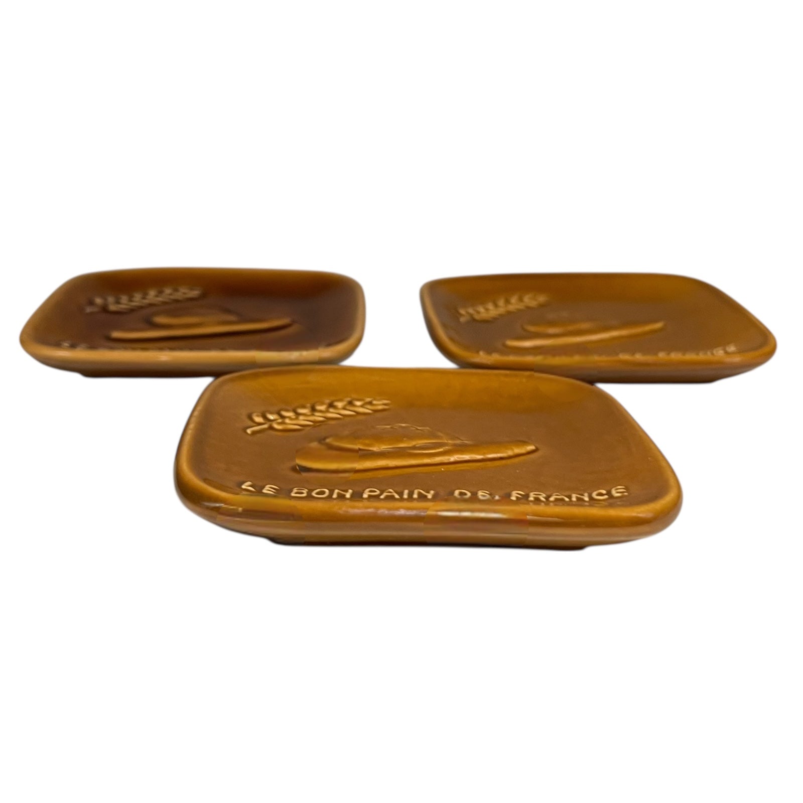 3 Small brown ceramic Change Trays from a French Bakery with Le Bon de France and a picture of French bread for sale from All Things French Store
