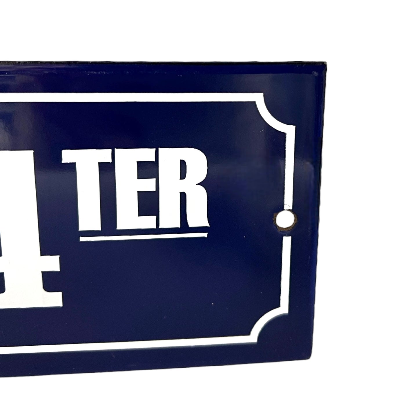 French enamelled blue and white metal front door number 4