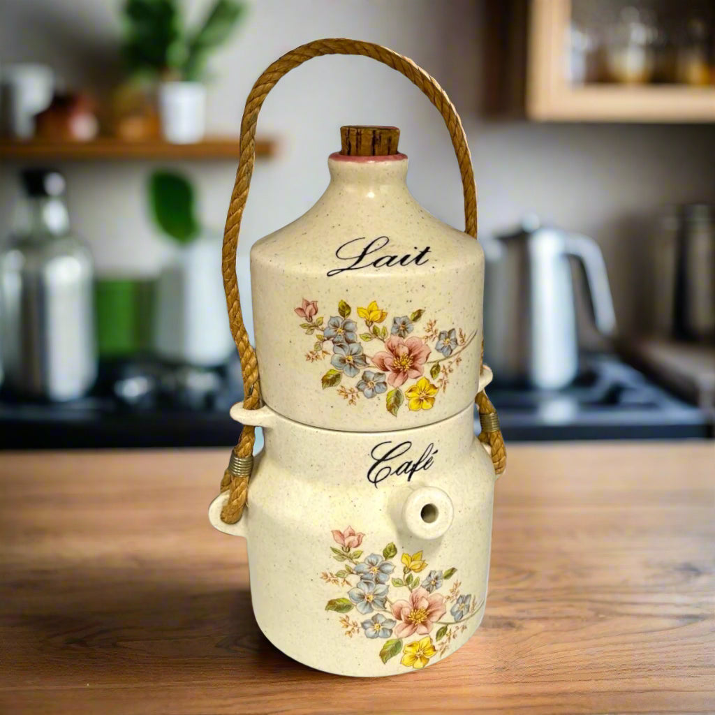 French Vintage Ceramic Coffee Pot and Milk Pot, 2 Piece Set for Cafe & Lait for sale from All Things French Store