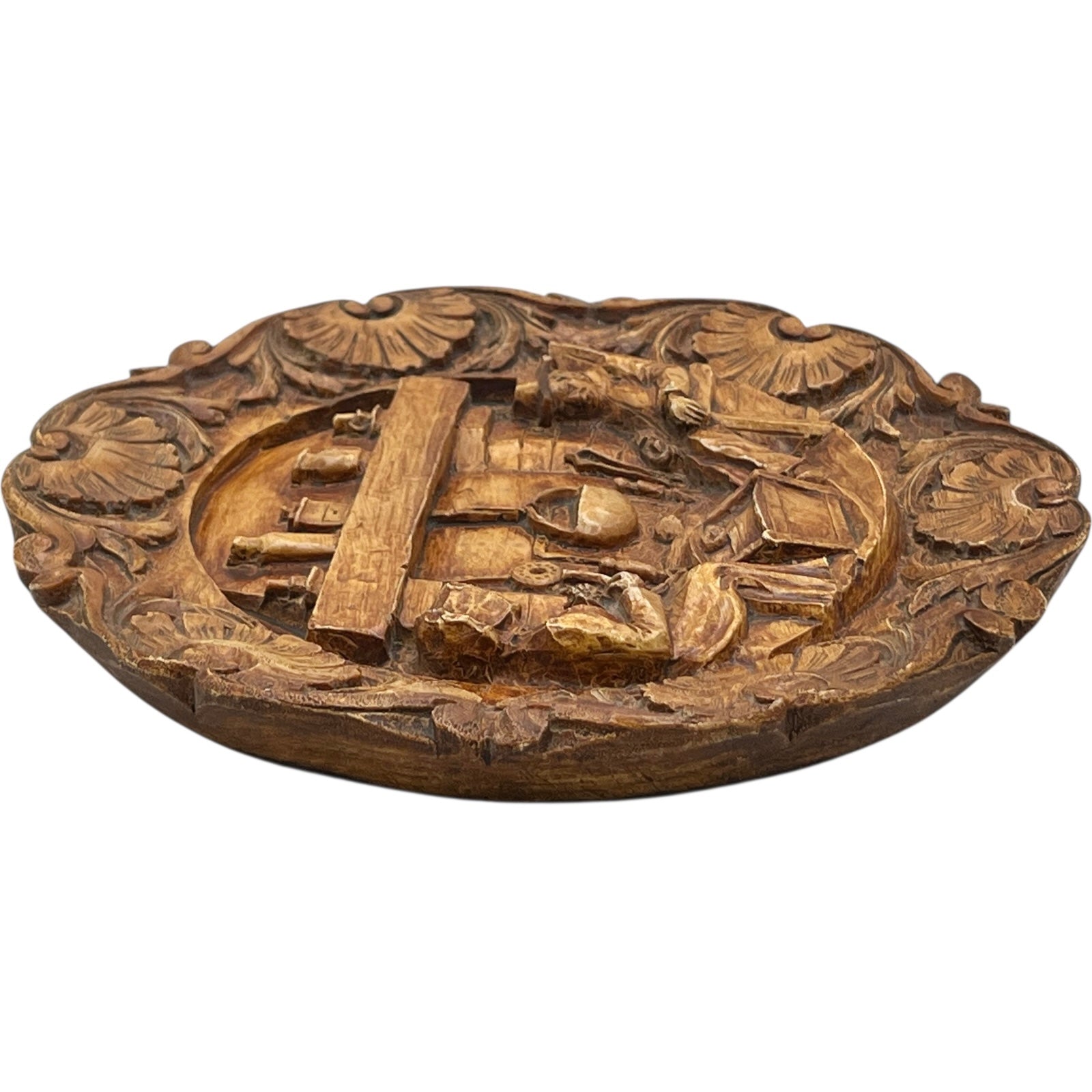 Vintage Wooden German Wall Plaque Decorative Carved 3D Art of a Family Scene for sale from All Things French Store