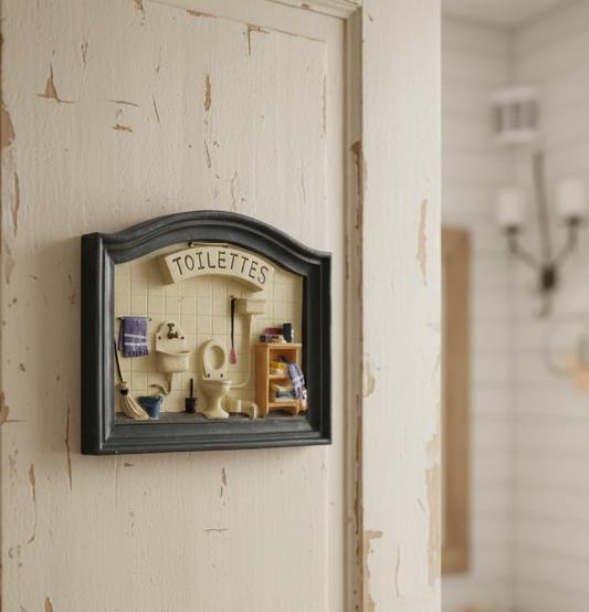 Decorative wall art of a bathroom scene with 'TOILETTES' text on a textured wall.