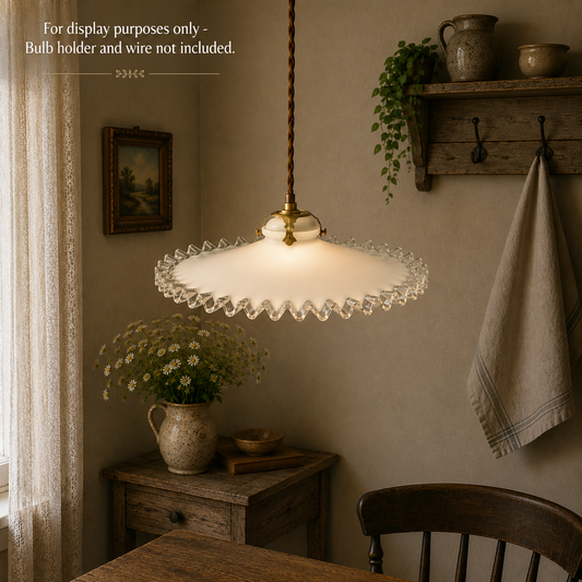 French white milk glass frilled-edge vintage lamp shade with a brass collar, perfect for adding a country cottage or farmhouse charm, set against a country farmhouse background