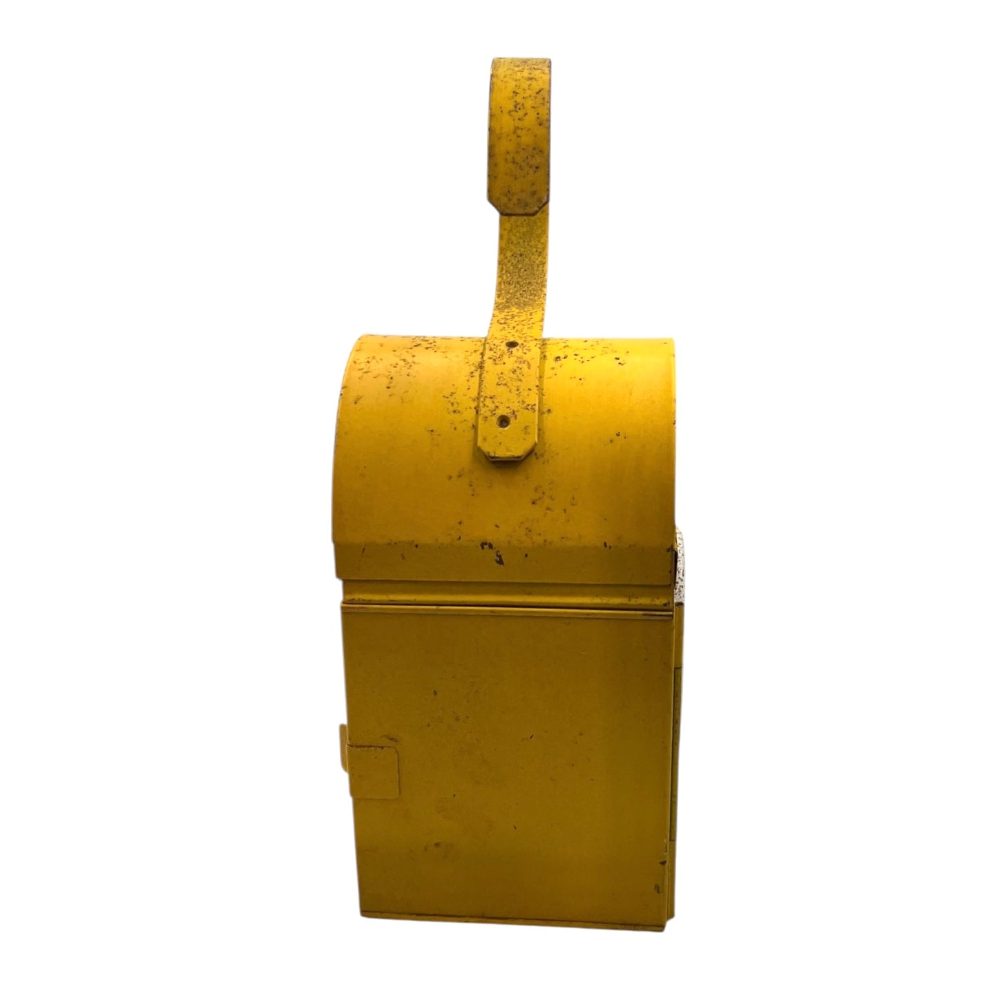 Yellow vintage railway or railroad lamp with a hook on a white background