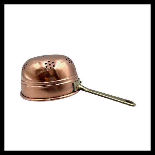 Small French copper colander sieve with a brass handle for sale by All Things French Store