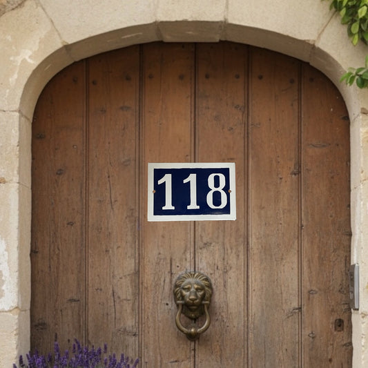 Wooden door with a lion knocker and house number 118
