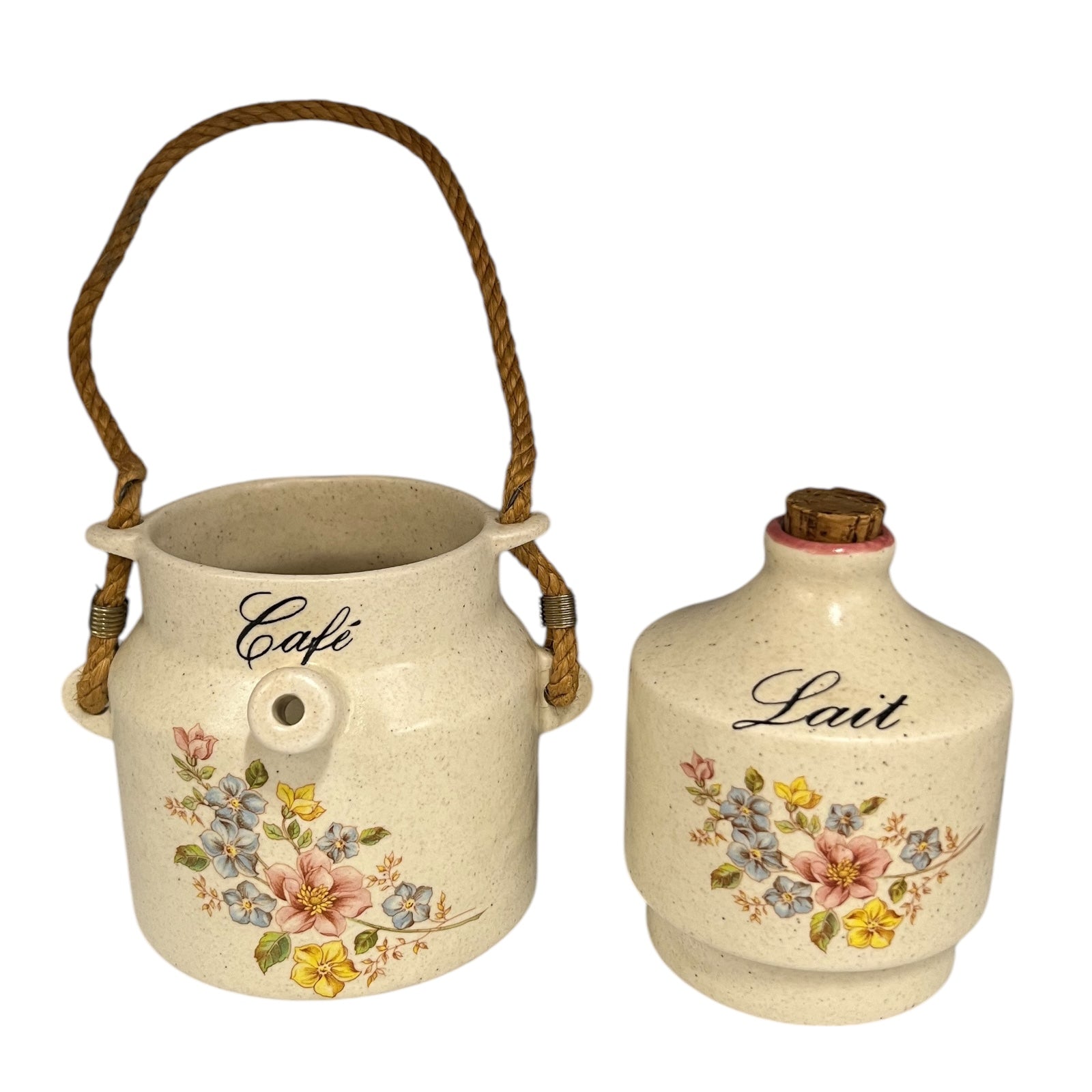 French Vintage Ceramic Coffee Pot and Milk Pot, 2 Piece Set for Cafe & Lait
