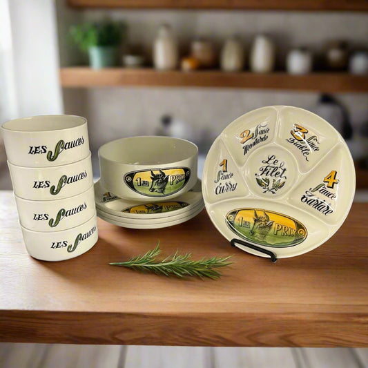 Fondue Plates and Bowl Set by Gien, Complete Vintage French Fondue Service
