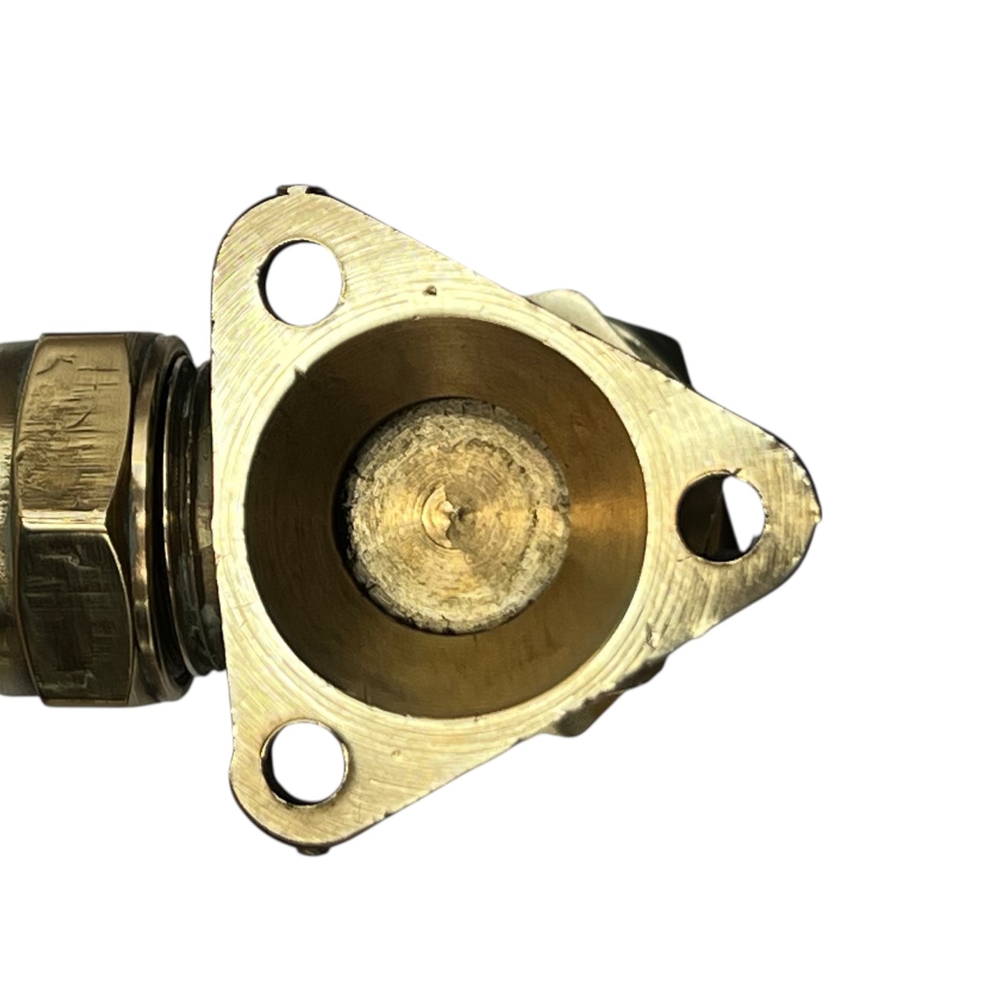 Brass bracket for wall mounted taps on a white background